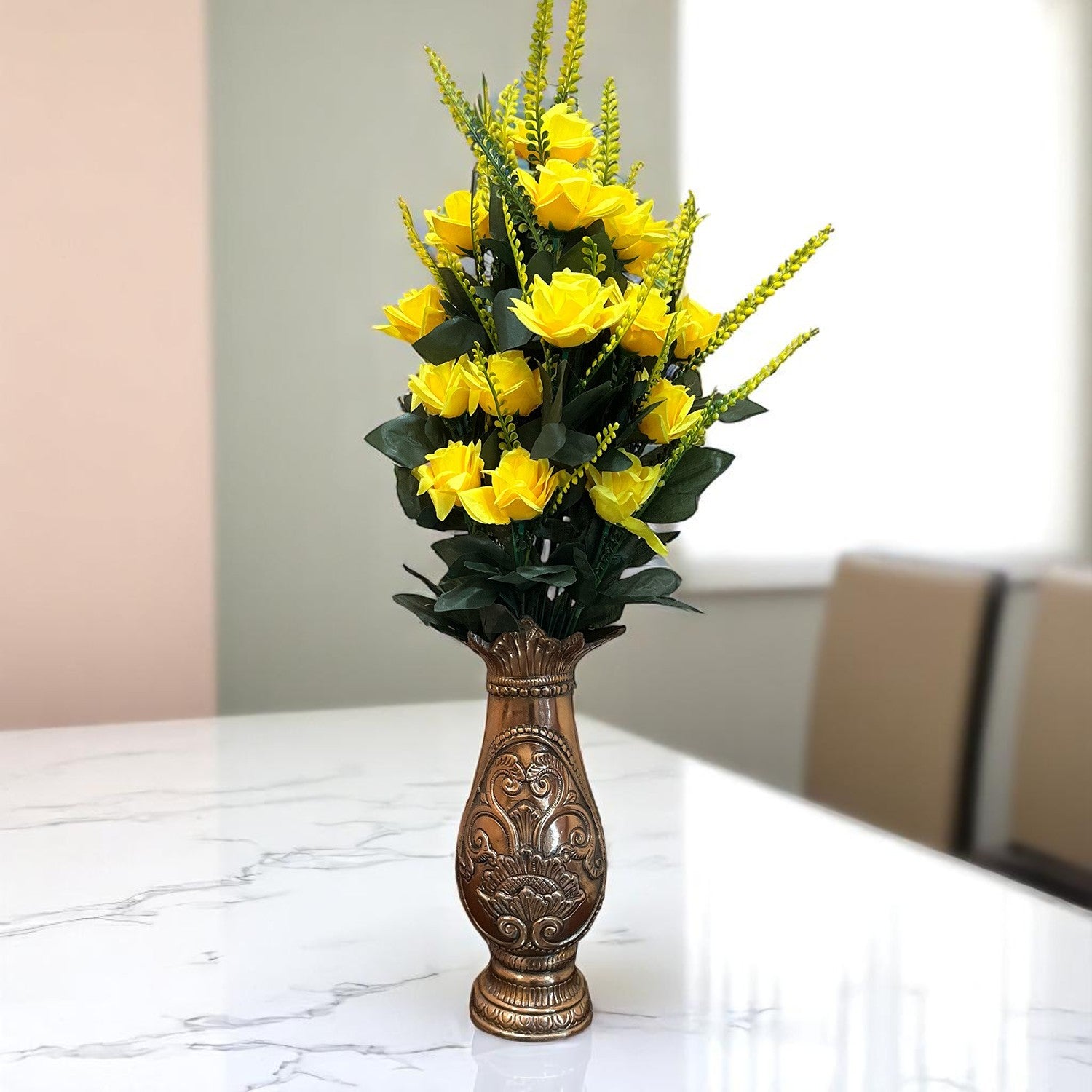 Artificial Flower Rose Bouquets | Faux Flowers Bunch - for Table Vase, Pot, Home Decor, Living Room, Side Table Centerpiece - 26 Inch - Apkamart #Colour_Yellow