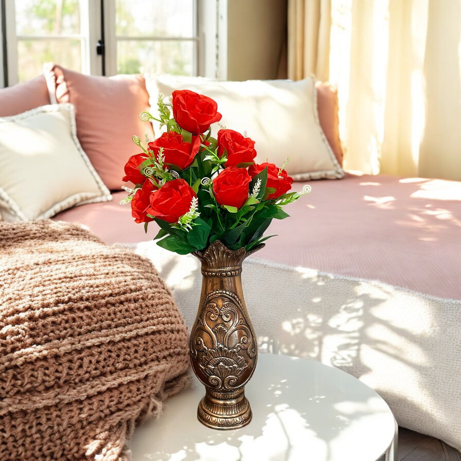 Artificial Rose Flower Bouquets | Faux Flowers Bunch - for Table Vase, Pot, Home Decor, Living Room, Side Table Centerpiece - 17 Inch - Apkamart #Style_Design 3