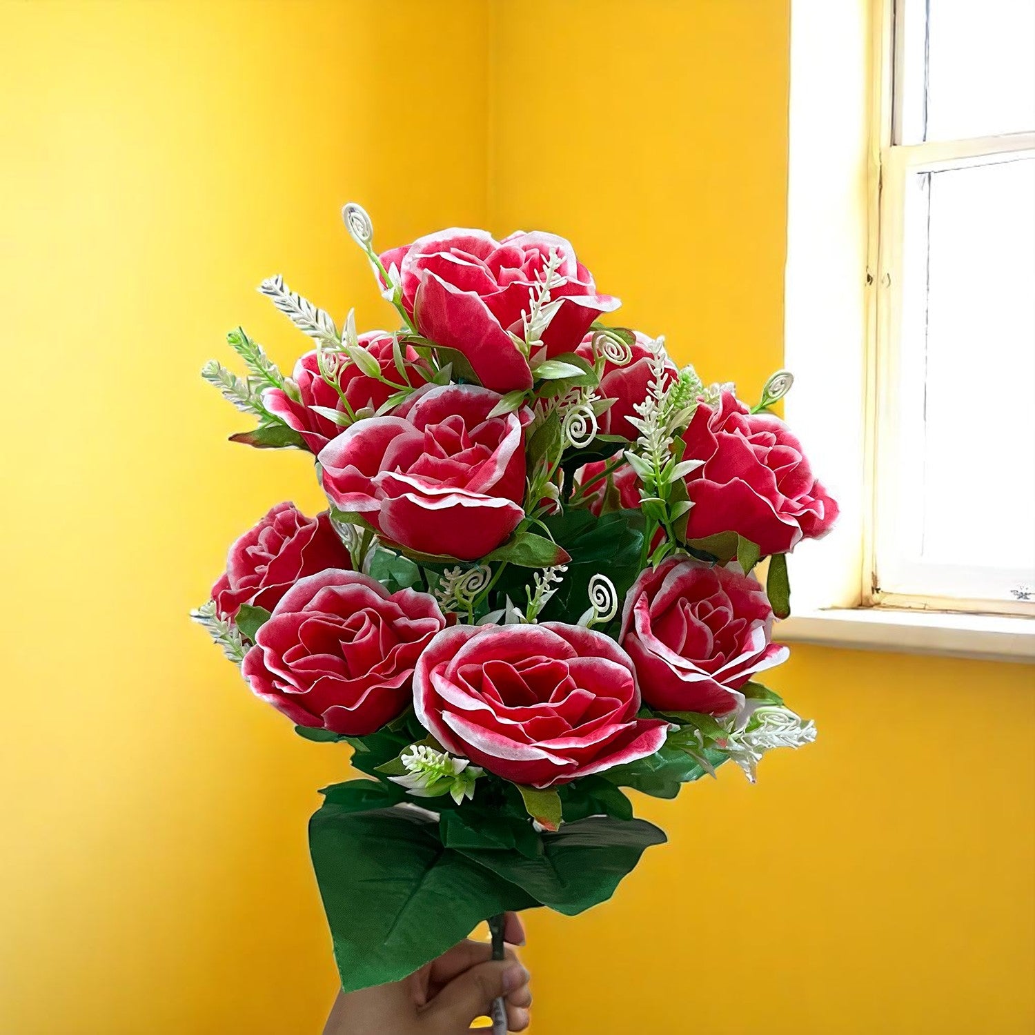 Artificial Rose Flower Bouquets | Faux Flowers Bunch - for Table Vase, Pot, Home Decor, Living Room, Side Table Centerpiece - 17 Inch - Apkamat #Style_Design 2