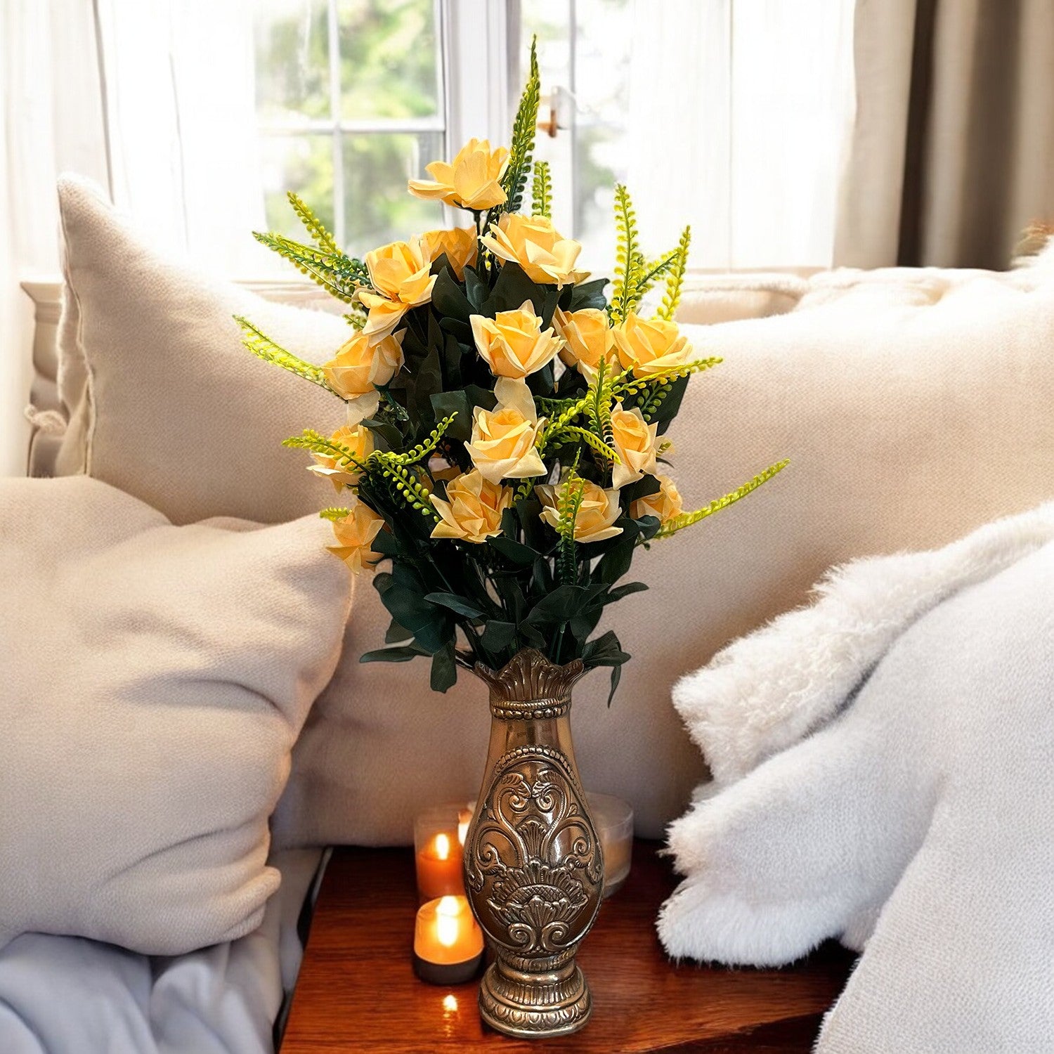 Artificial Flower Rose Bouquets | Faux Flowers Bunch - for Table Vase, Pot, Home Decor, Living Room, Side Table Centerpiece - 26 Inch - Apkamart #Colour_Orange