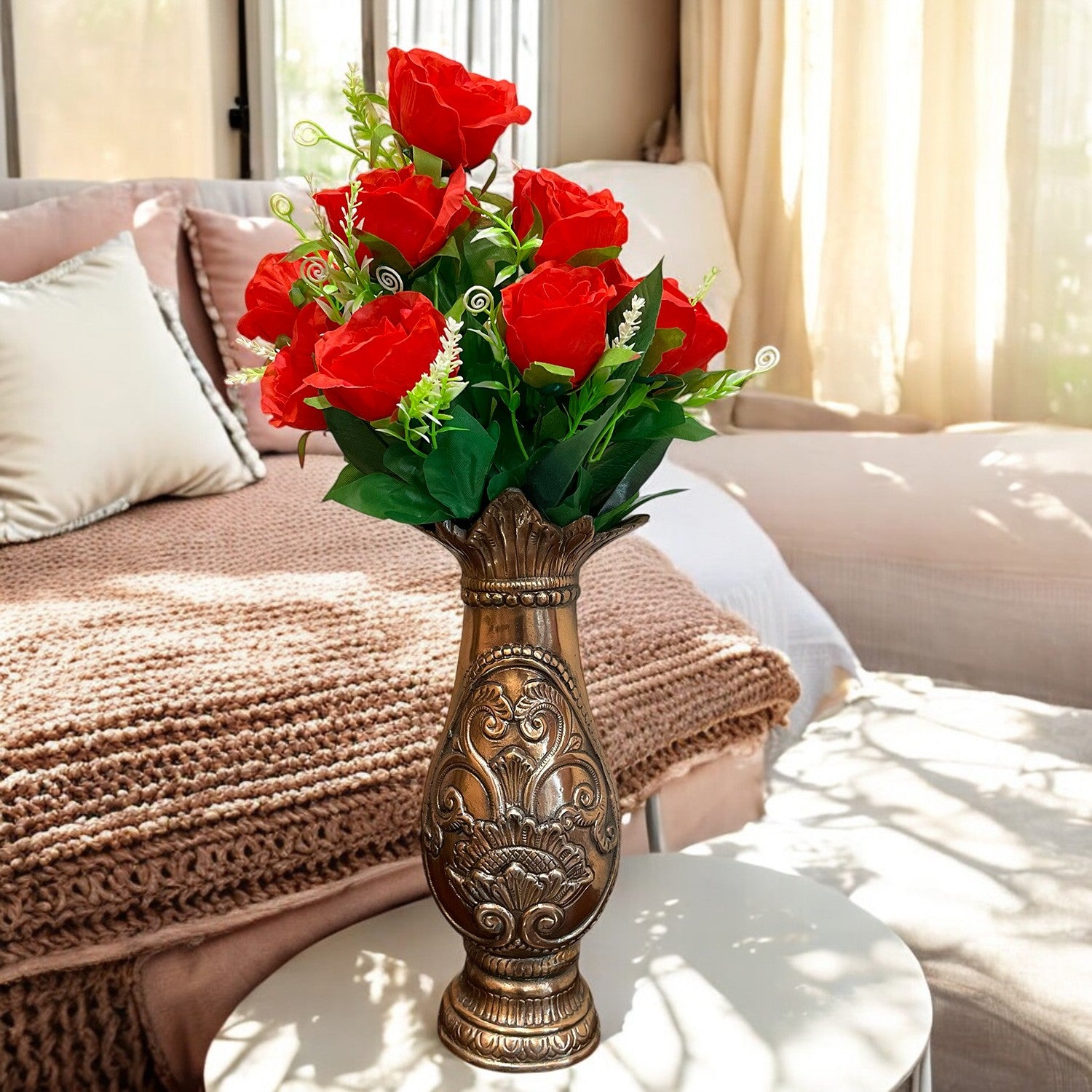 Artificial Rose Flower Bouquets | Faux Flowers Bunch - for Table Vase, Pot, Home Decor, Living Room, Side Table Centerpiece - 17 Inch - Apkamart #Style_Design 3