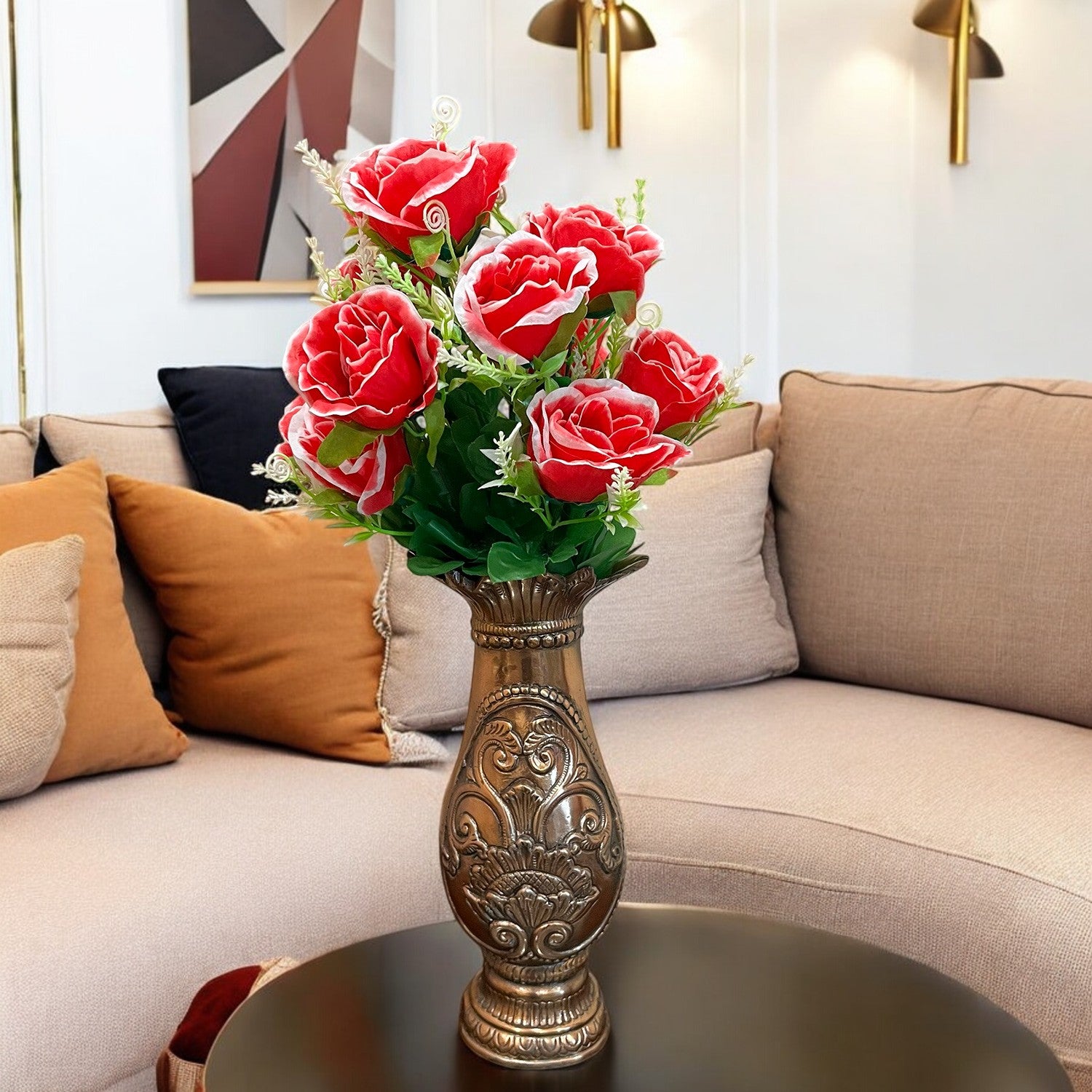 Artificial Rose Flower Bouquets | Faux Flowers Bunch - for Table Vase, Pot, Home Decor, Living Room, Side Table Centerpiece - 17 Inch - Apkamat #Style_Design 2