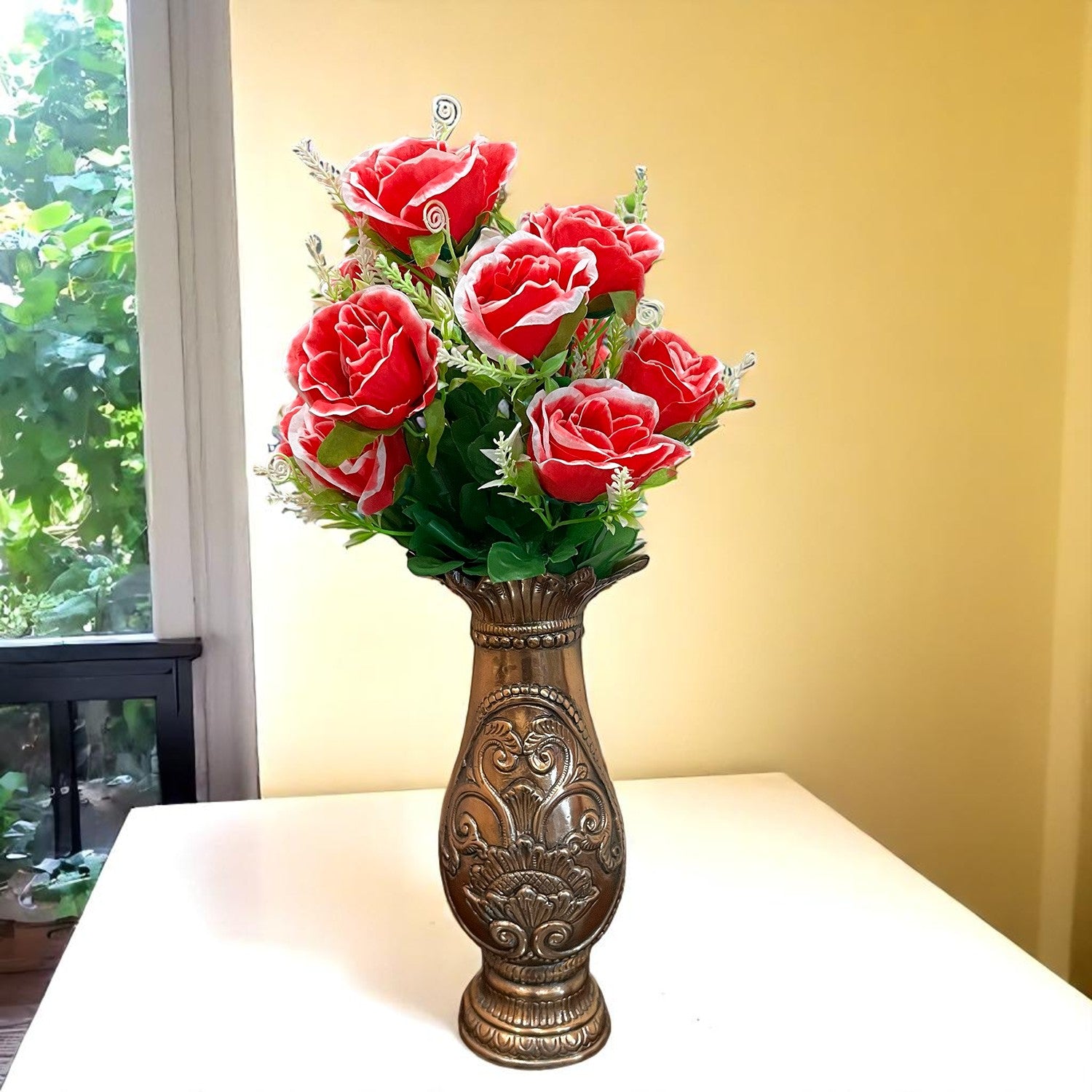 Artificial Rose Flower Bouquets | Faux Flowers Bunch - for Table Vase, Pot, Home Decor, Living Room, Side Table Centerpiece - 17 Inch - Apkamat #Style_Design 2
