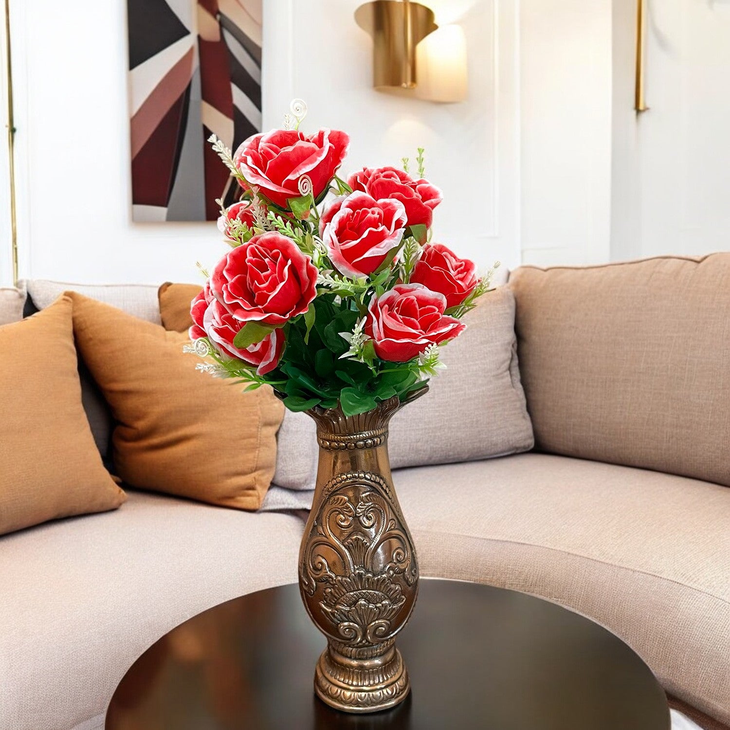 Artificial Rose Flower Bouquets | Faux Flowers Bunch - for Table Vase, Pot, Home Decor, Living Room, Side Table Centerpiece - 17 Inch - Apkamat #Style_Design 2