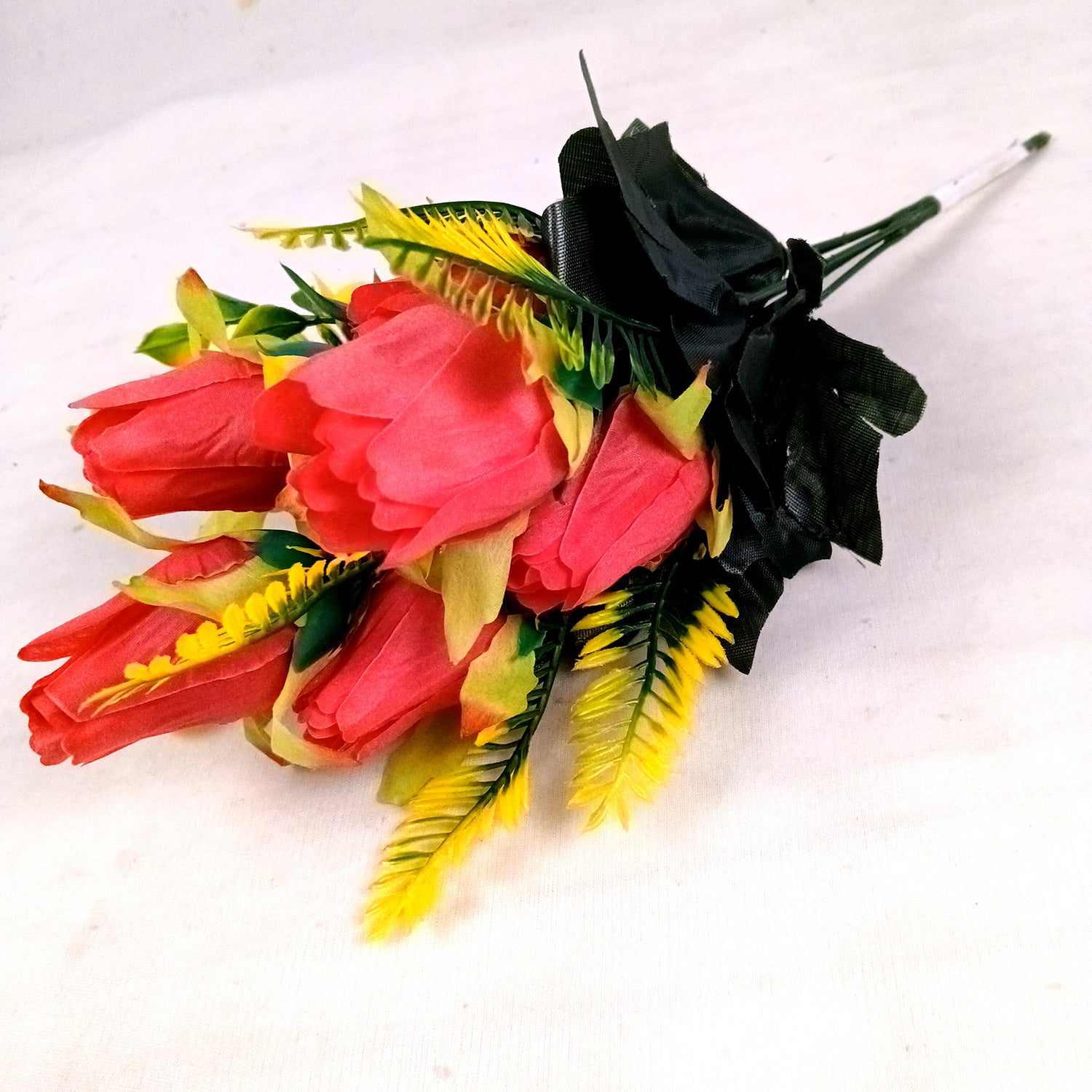 Artificial Flowers Rose Bouquet | Faux Flowers Bunch / Sticks - for Home Decor, Living Room, Office & Festivals Decoration (Vase Not Included) - 15 Inch - Apkamart #Colour_Red