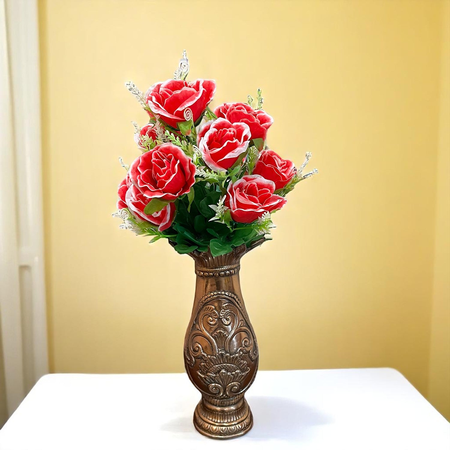 Artificial Rose Flower Bouquets | Faux Flowers Bunch - for Table Vase, Pot, Home Decor, Living Room, Side Table Centerpiece - 17 Inch - Apkamat #Style_Design 2