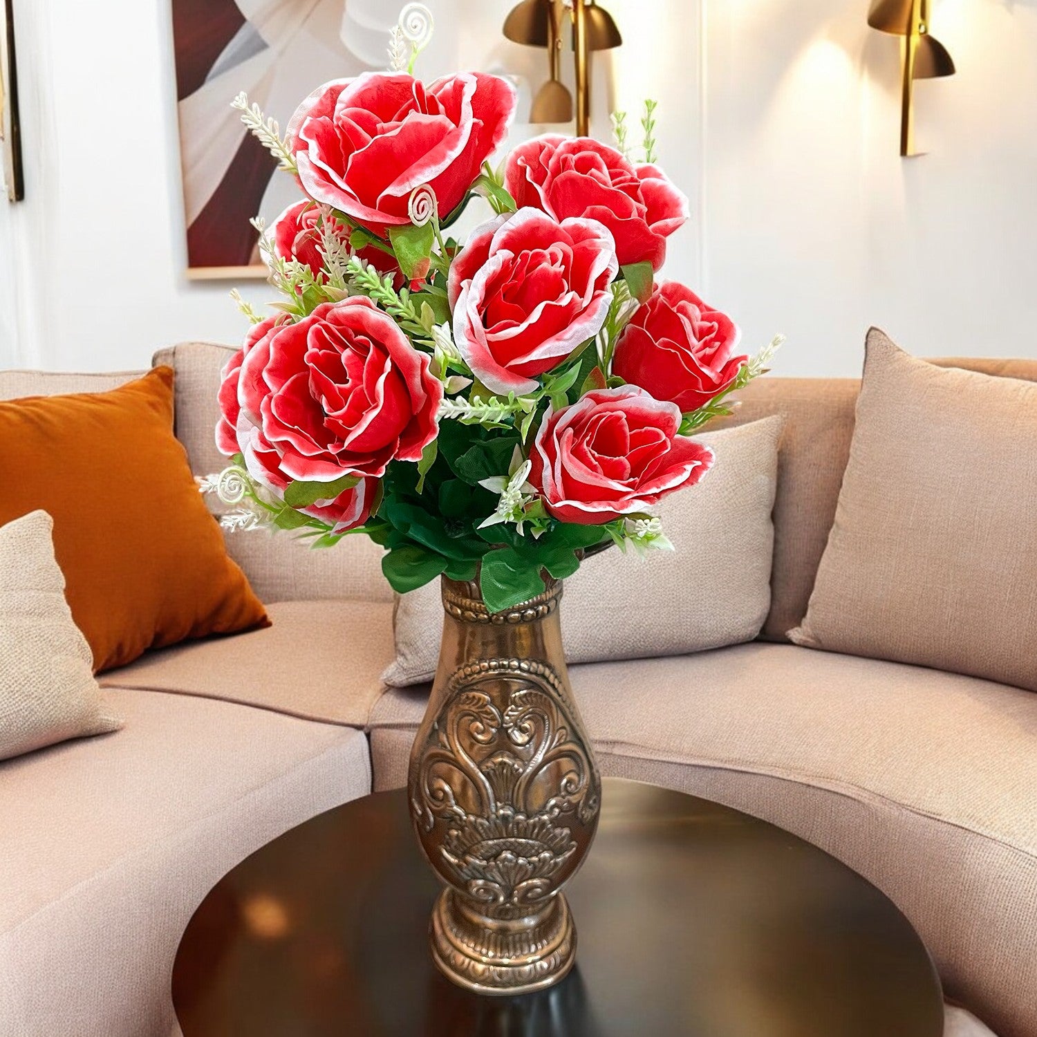 Artificial Rose Flower Bouquets | Faux Flowers Bunch - for Table Vase, Pot, Home Decor, Living Room, Side Table Centerpiece - 17 Inch - Apkamat #Style_Design 2