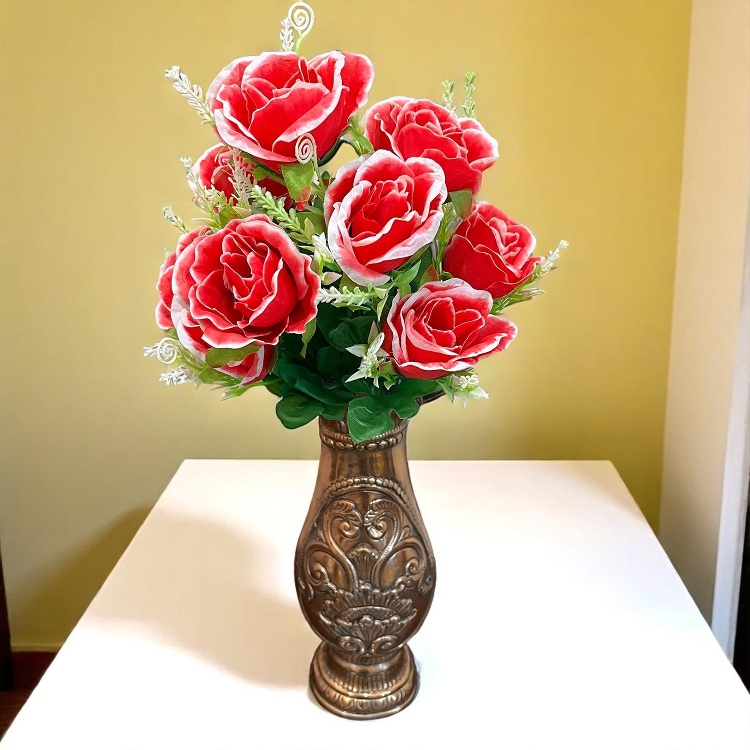 Artificial Rose Flower Bouquets | Faux Flowers Bunch - for Table Vase, Pot, Home Decor, Living Room, Side Table Centerpiece - 17 Inch - Apkamat #Style_Design 2