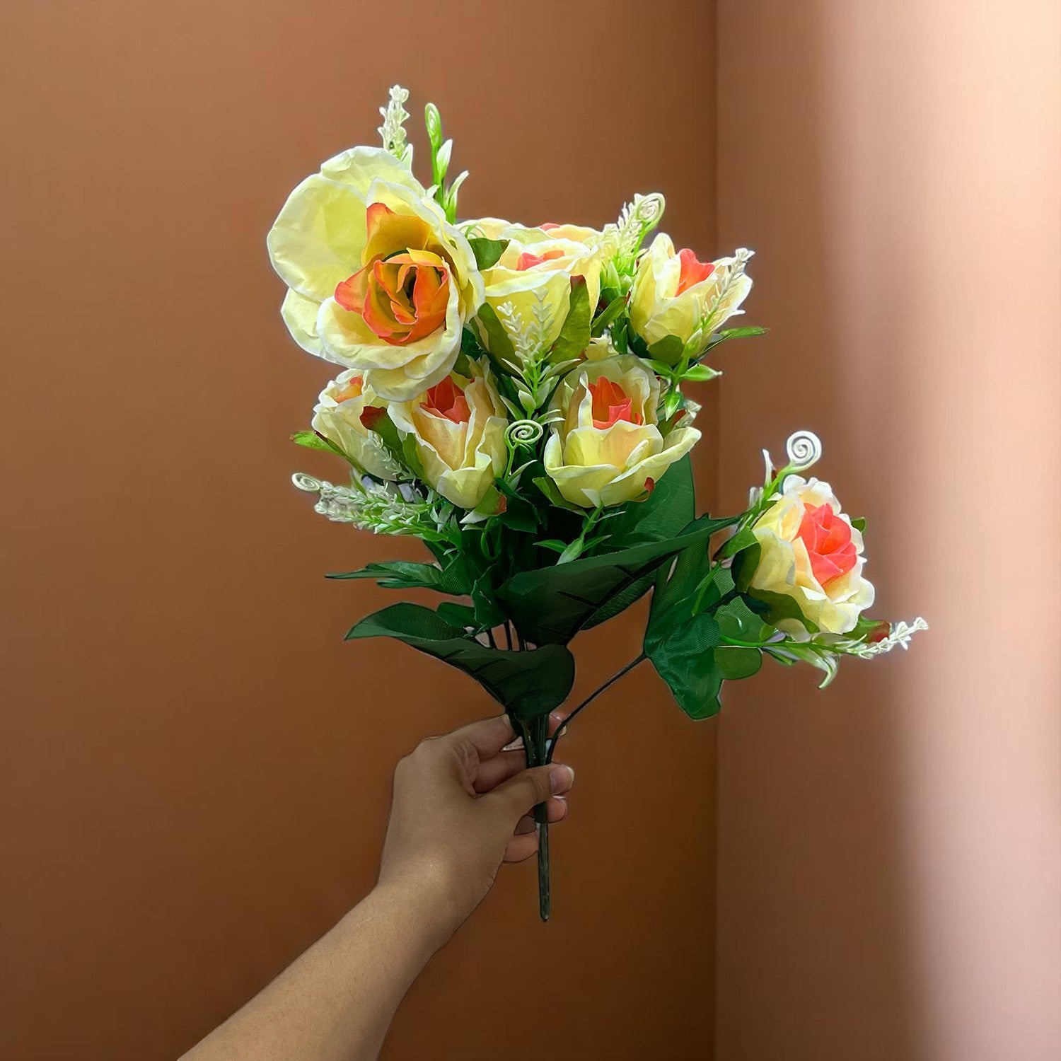 Artificial Rose Flower Bouquets | Faux Flowers Bunch - for Table Vase, Pot, Home Decor, Living Room, Side Table Centerpiece - 17 Inch - Apkamart #Style_Design 2