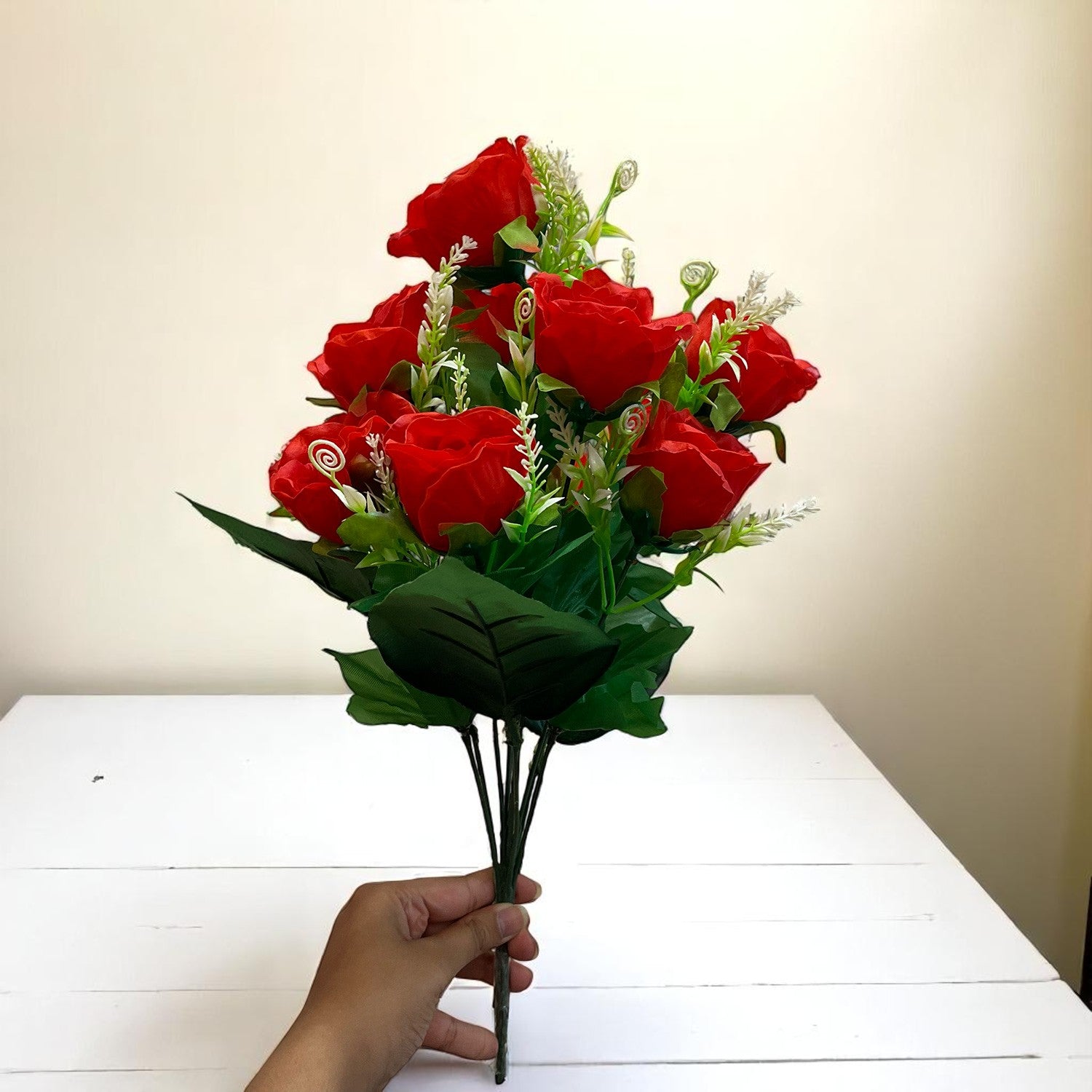 Artificial Rose Flower Bouquets | Faux Flowers Bunch - for Table Vase, Pot, Home Decor, Living Room, Side Table Centerpiece - 17 Inch - Apkamart #Style_Design 3