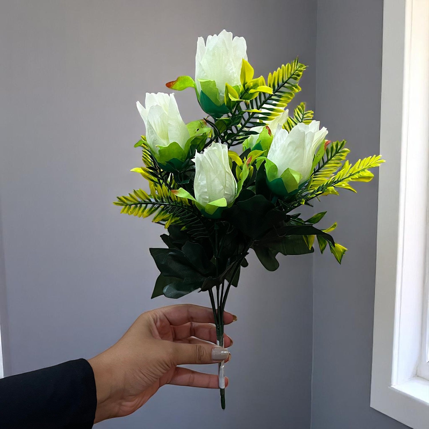 Artificial Flowers Rose Bouquet | Faux Flowers Bunch / Sticks - for Home Decor, Living Room, Office & Festivals Decoration (Vase Not Included) - 15 Inch - Apkamart #Colour_White