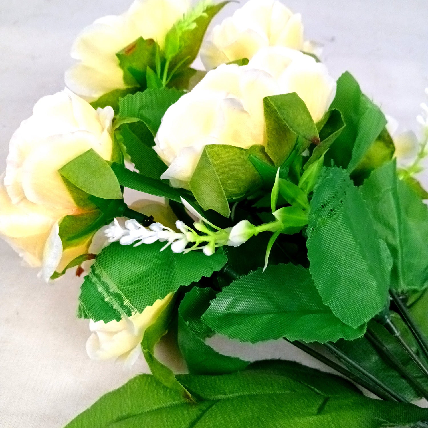 Artificial Flowers Rose Sticks | Faux Flowers Bunch - for Home Decor, Living Room, Office & Festivals Decoration (Vase Not Included) - 15 Inch - Apkamart #Colour_Off White