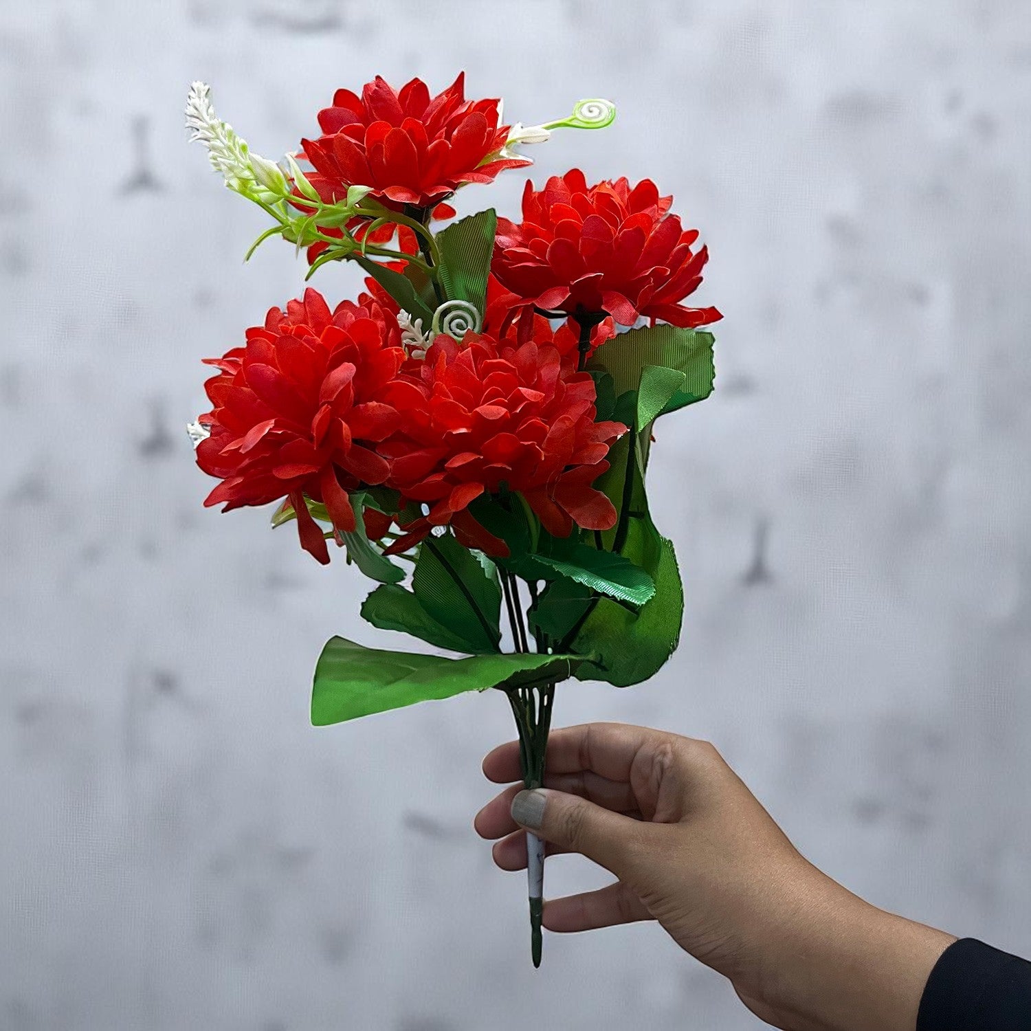 Artificial Flowers Dahlia Bunches for Vase Pot | Faux Flowers Stick - for Home Decor, Living Room, Wedding & Party Decoration (Vase Not Included) - 14 Inch - Apkamart #Colour_Red