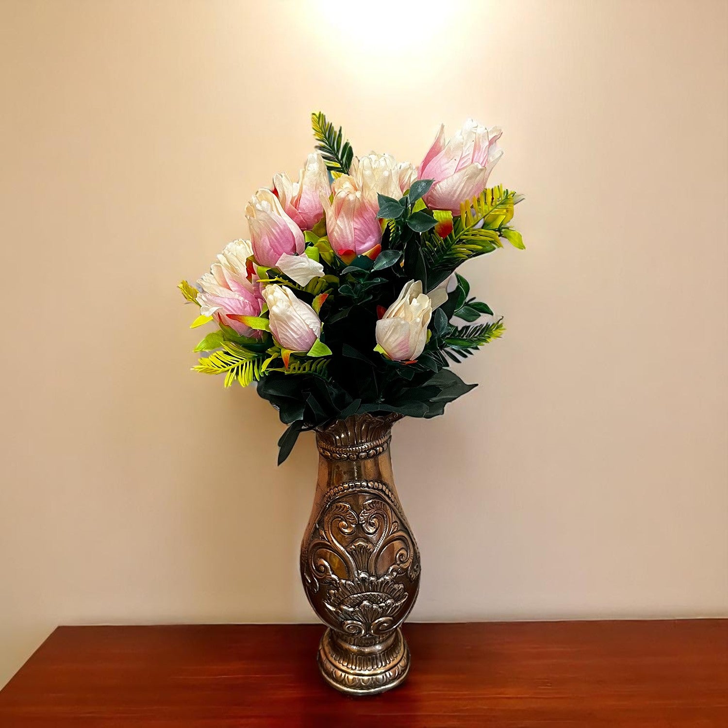 Artificial Flowers Rose Bunches for Vase Pot | Faux Flowers Stem - for Home Decor, Living Room, Office & Festivals Decoration (Vase Not Included) - 14 Inch - Apkamart #Colour_Pink