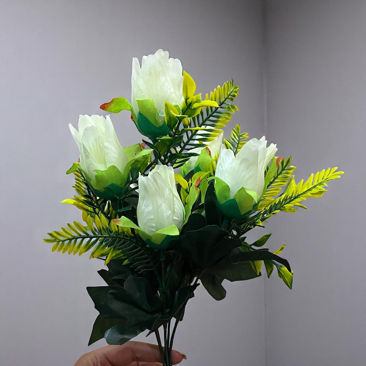 Artificial Flowers Rose Bouquet | Faux Flowers Bunch / Sticks - for Home Decor, Living Room, Office & Festivals Decoration (Vase Not Included) - 15 Inch - Apkamart #Colour_White