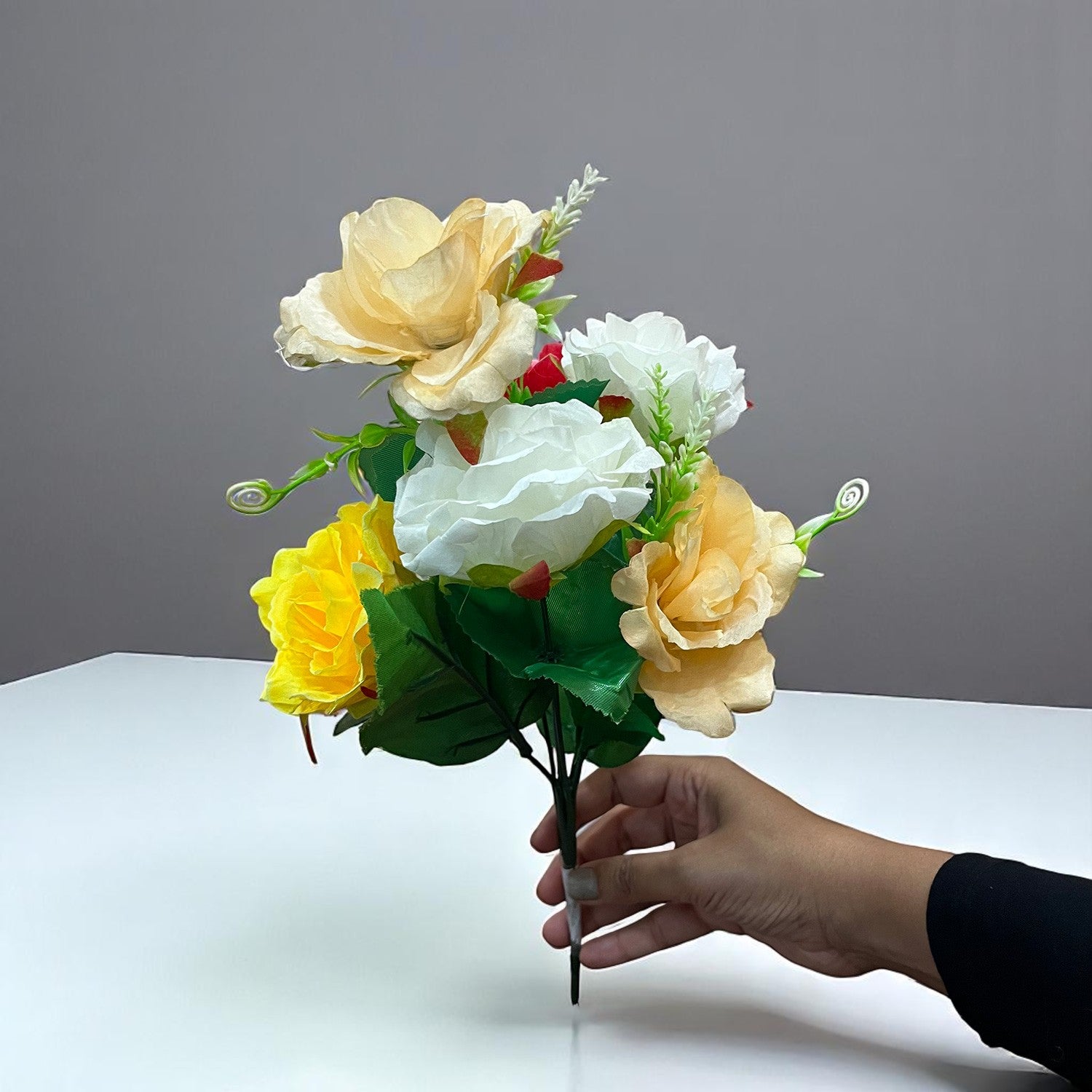 Artificial Flowers Rose Bunches for Vase Pot | Faux Flowers Stem - for Home Decor, Living Room, Office & Festivals Decoration (Vase Not Included) - 14 Inch - Apkamart #Colour_Multicolor