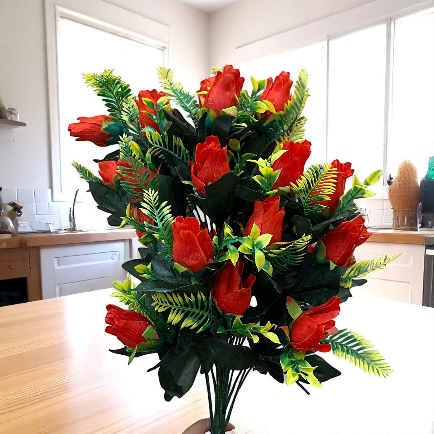 Artificial Flower Rose Bouquets | Fake Flowers Bunch - For Vase, Pot, Home, Bedroom, Balcony, Office Corner, Living Room - 26 Inch - Apkamart #Colour_Red