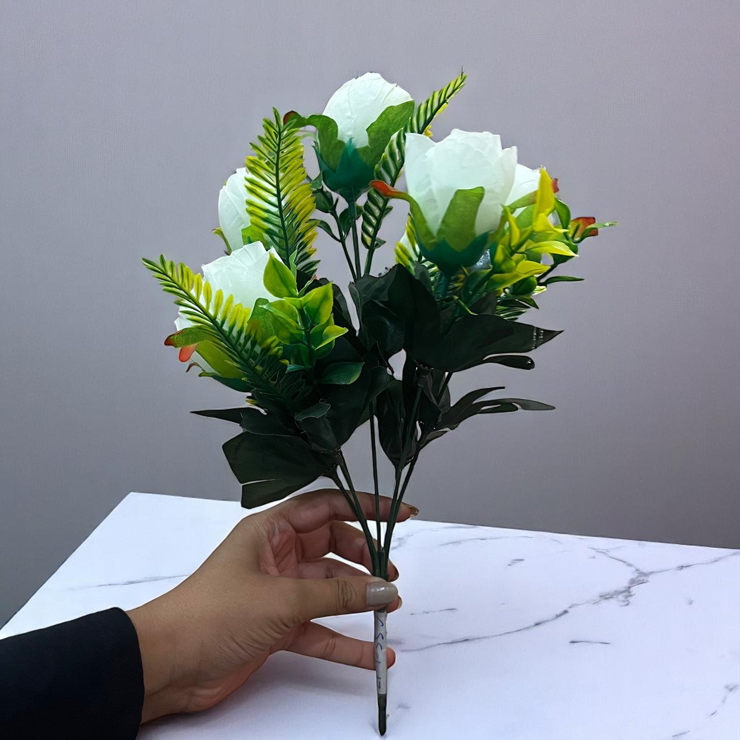 Artificial Flowers Rose Bunches For Pot | Faux Flower Sticks - for Home Decor, Living Room, Office & Festivals Decoration (Vase Not Included) - 14 Inch - Apkamart #Colour_White