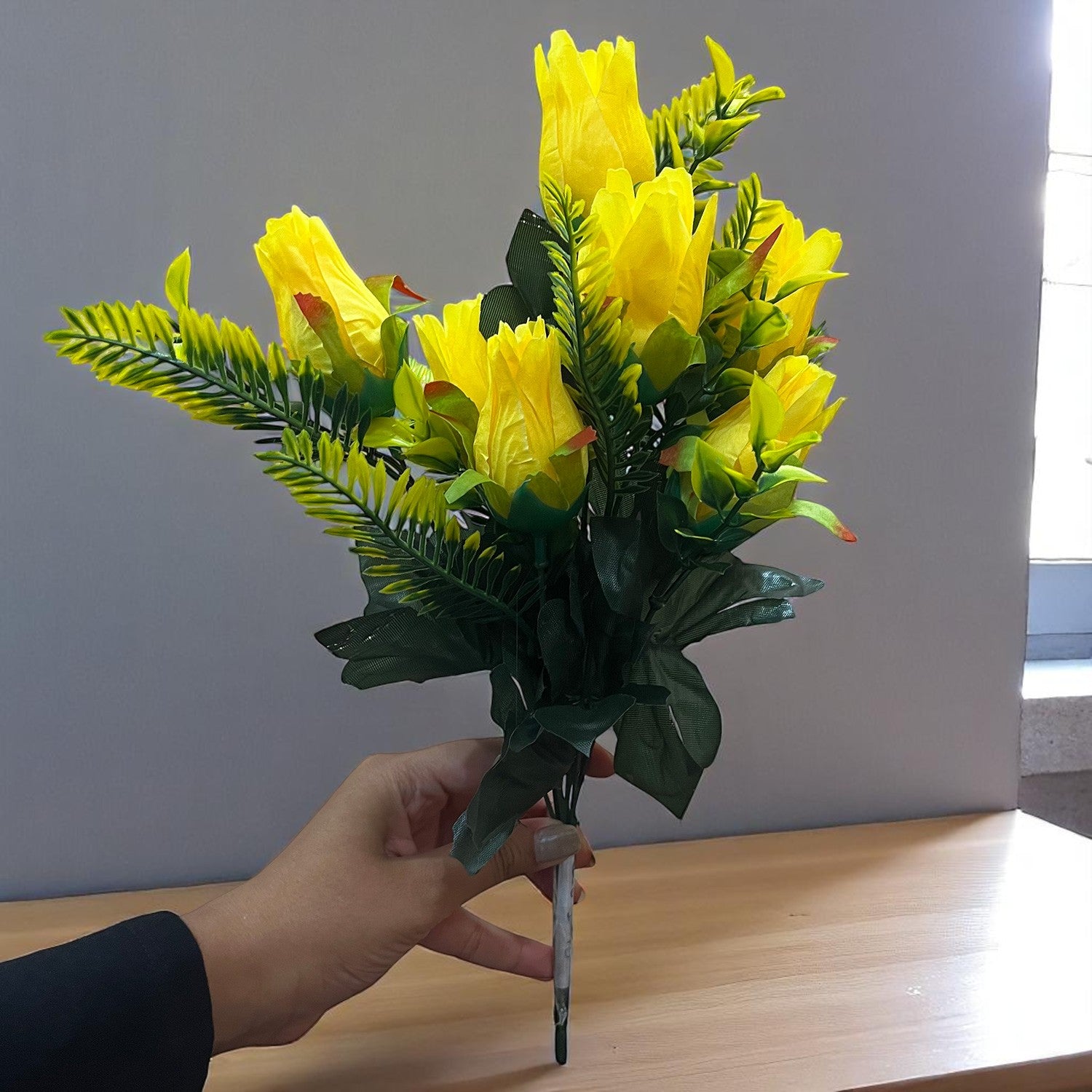 Artificial Flowers Rose Bunches for Vase Pot | Faux Flowers Stem - for Home Decor, Living Room, Office & Festivals Decoration (Vase Not Included) - 14 Inch - Apkamart #Colour_Yellow