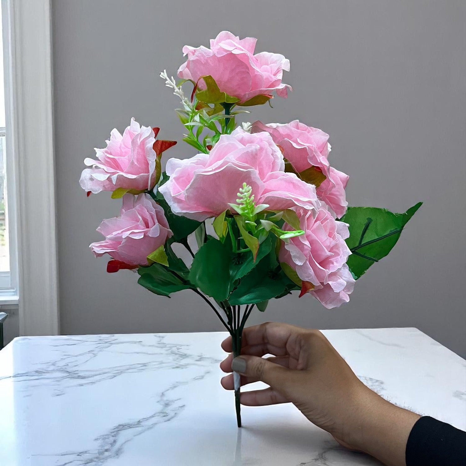 Artificial Flowers Rose Bunches for Vase Pot | Faux Flowers Stem - for Home Decor, Living Room, Office & Festivals Decoration (Vase Not Included) - 14 Inch - Apkamart #Colour_Pink