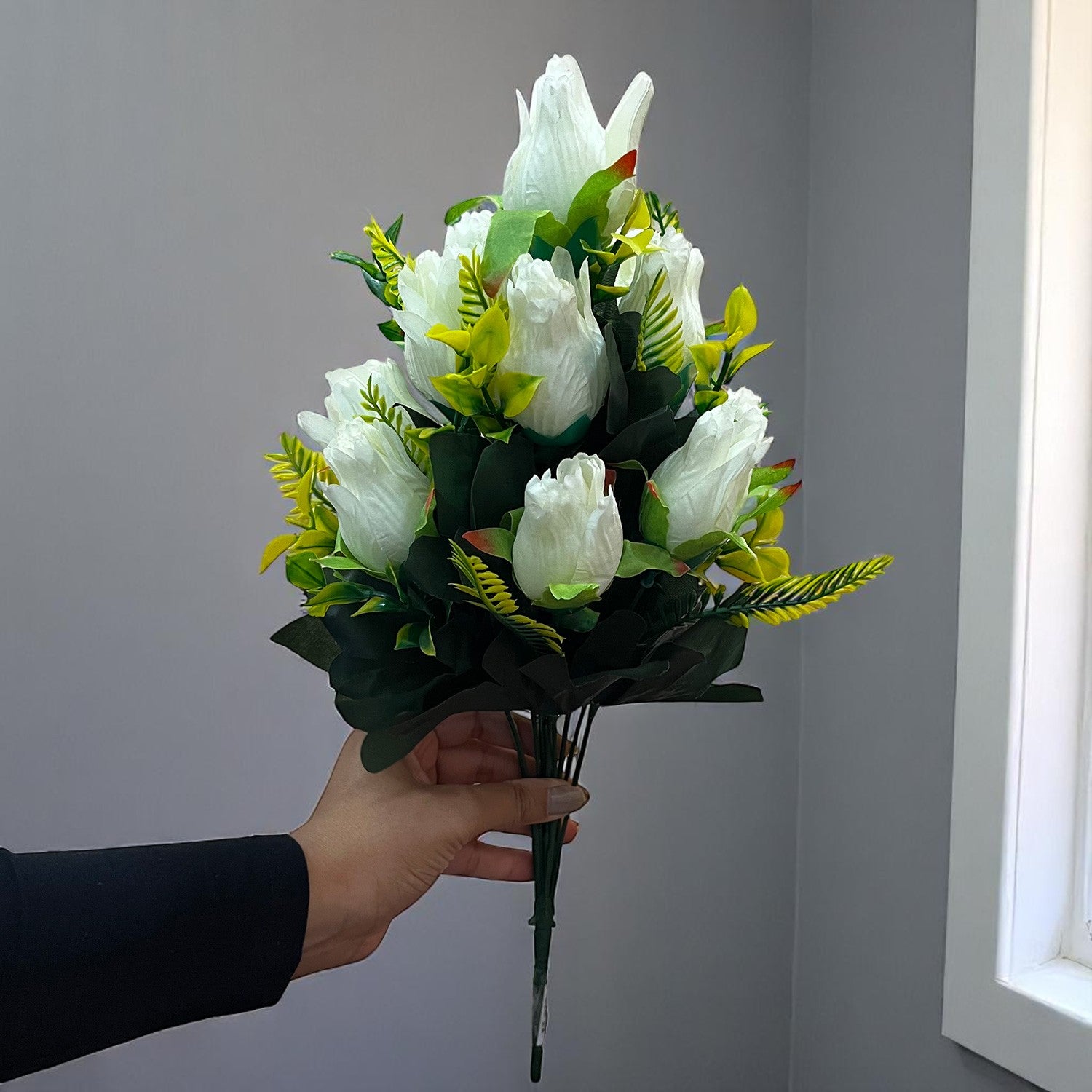 Artificial Flowers Rose Sticks | Faux Flowers Bunch / Bouquet - for Home Decor, Living Room, Office & Festivals Decoration (Vase Not Included) - 15 Inch - Apkamart #Colour_White