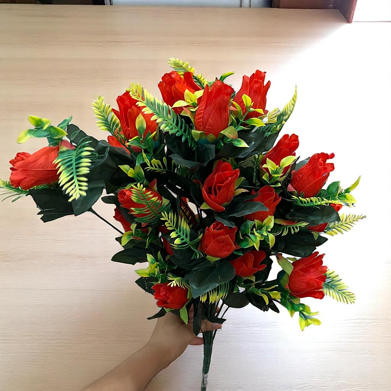 Artificial Flower Rose Bouquets | Fake Flowers Bunch - For Vase, Pot, Home, Bedroom, Balcony, Office Corner, Living Room - 26 Inch - Apkamart #Colour_Red