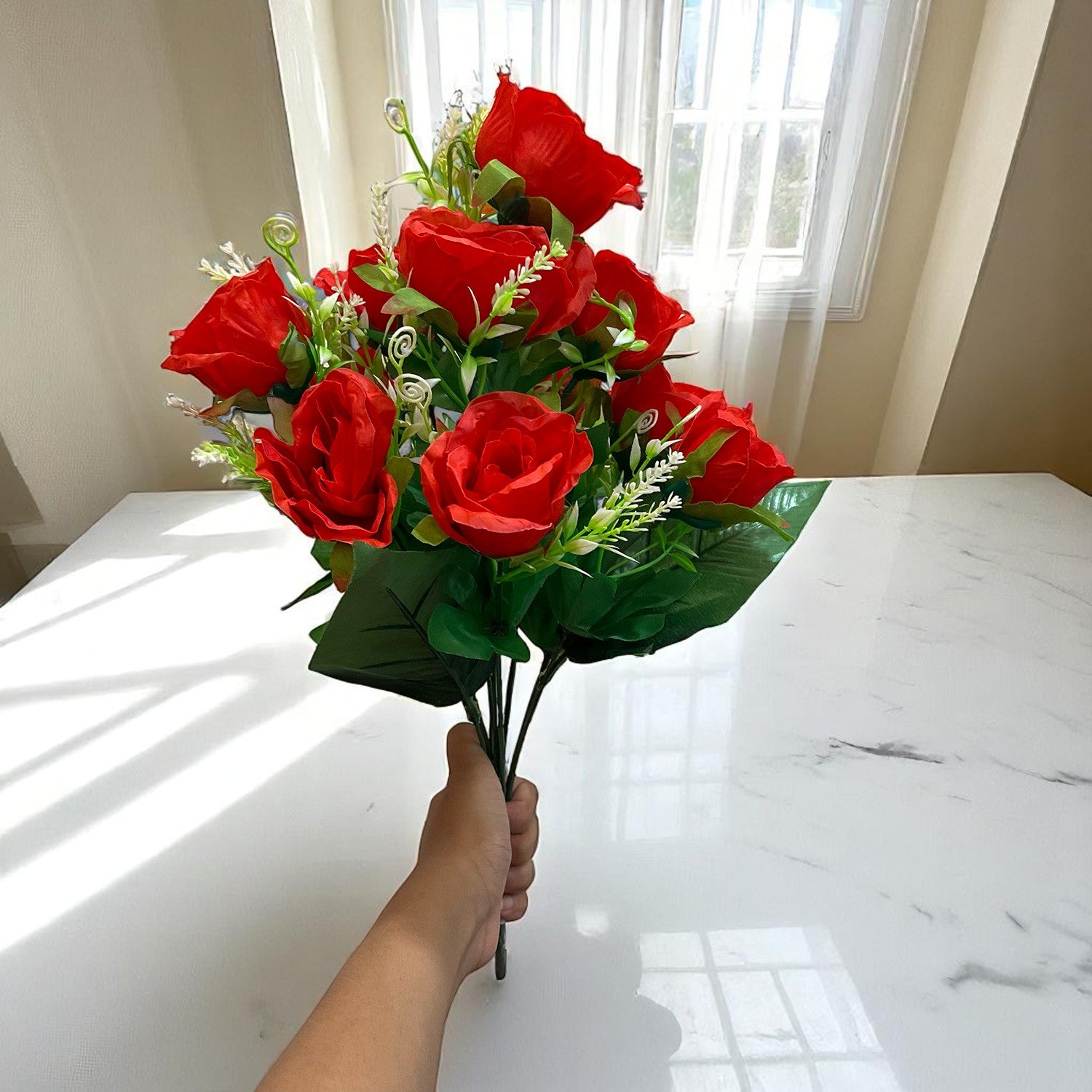 Artificial Rose Flower Bouquets | Faux Flowers Bunch - for Table Vase, Pot, Home Decor, Living Room, Side Table Centerpiece - 17 Inch - Apkamart #Style_Design 3