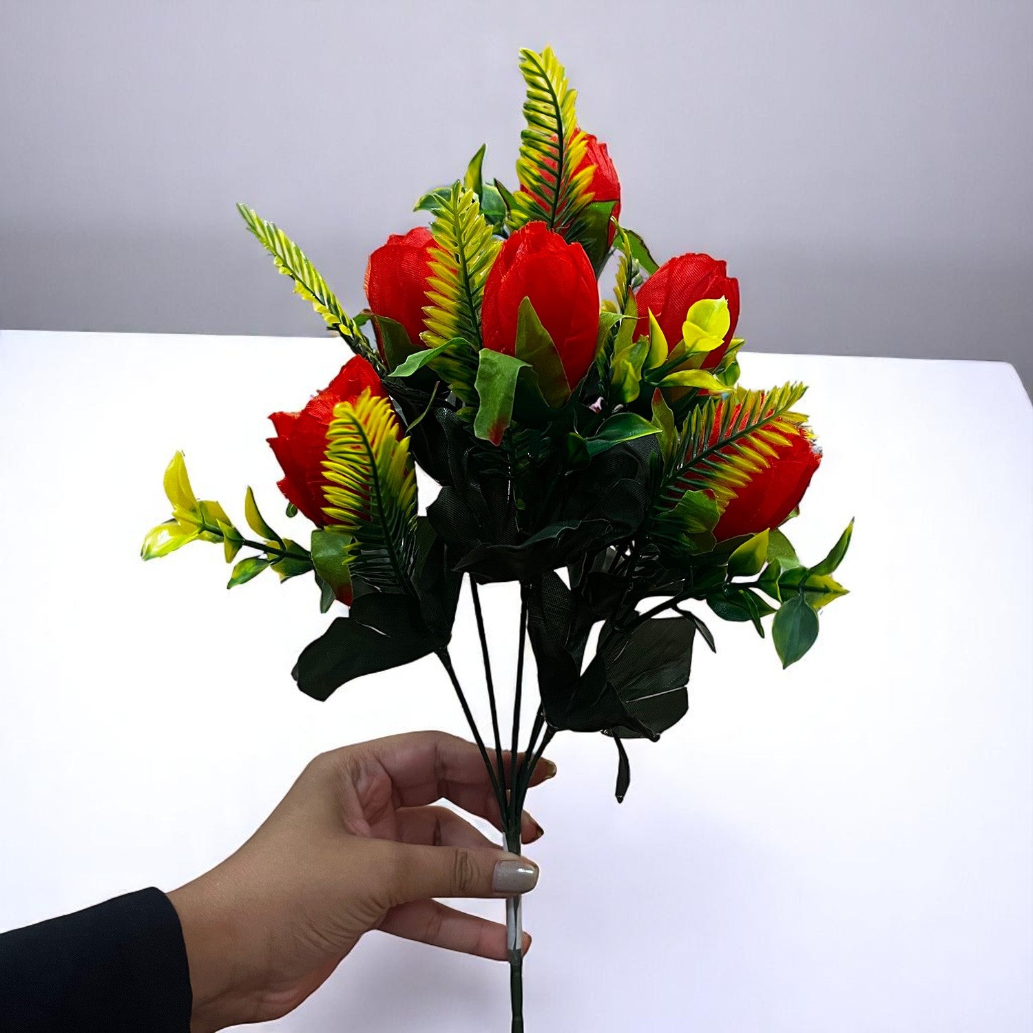 Artificial Flowers Rose Bunches For Pot | Faux Flower Sticks - for Home Decor, Living Room, Office & Festivals Decoration (Vase Not Included) - 14 Inch - Apkamart #Colour_Red