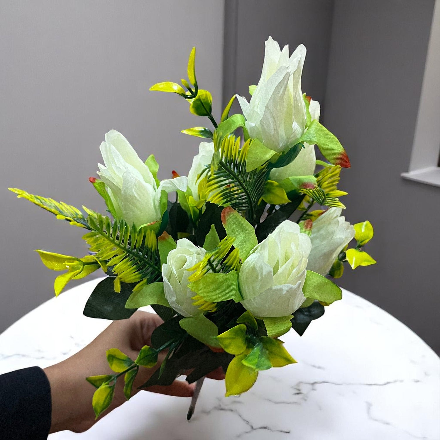 Artificial Flowers Rose Bouquet | Faux Flowers Bunch / Sticks - for Home Decor, Living Room, Office & Festivals Decoration (Vase Not Included) - 15 Inch - Apkamart #Colour_White