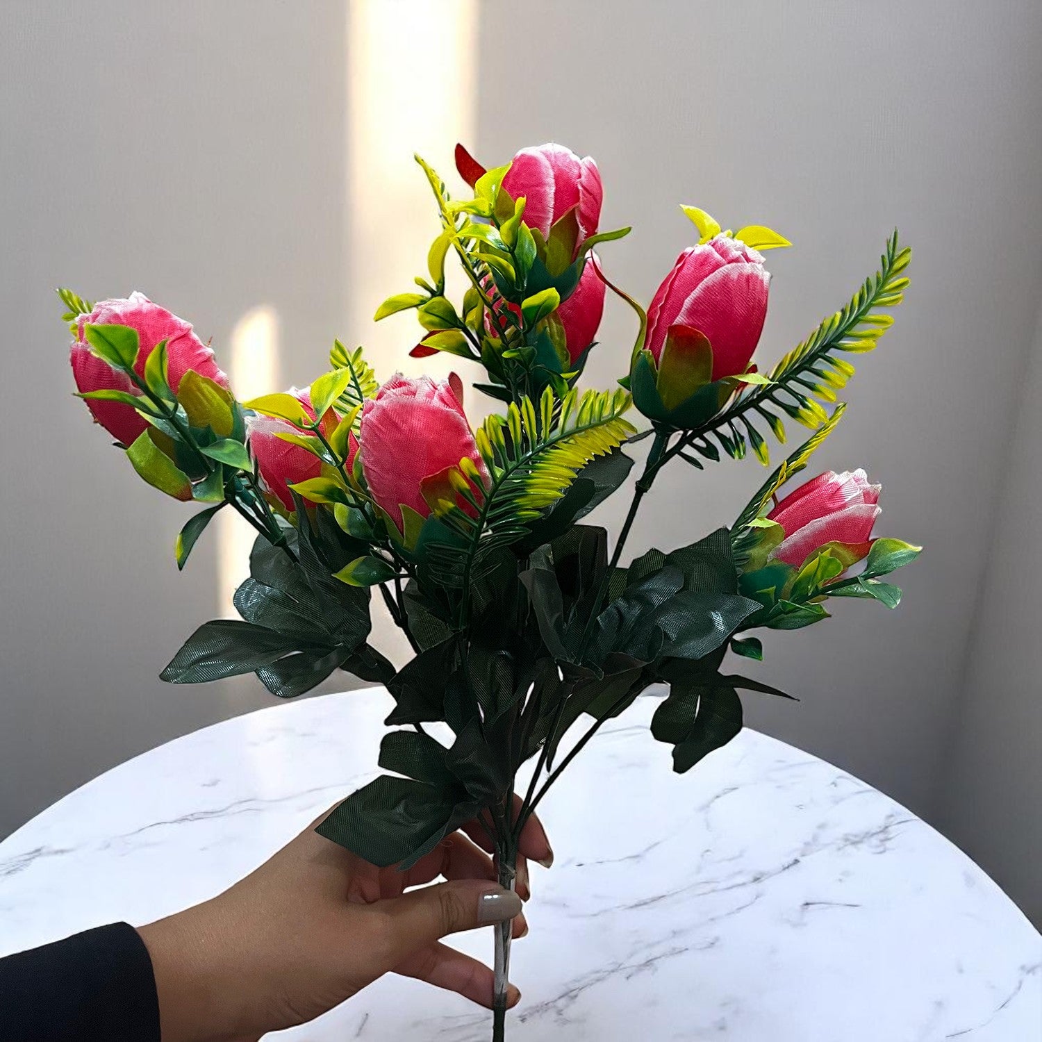 Artificial Flowers Rose Bunches For Pot | Faux Flower Sticks - for Home Decor, Living Room, Office & Festivals Decoration (Vase Not Included) - 14 Inch - Apkamart #Colour_Pink