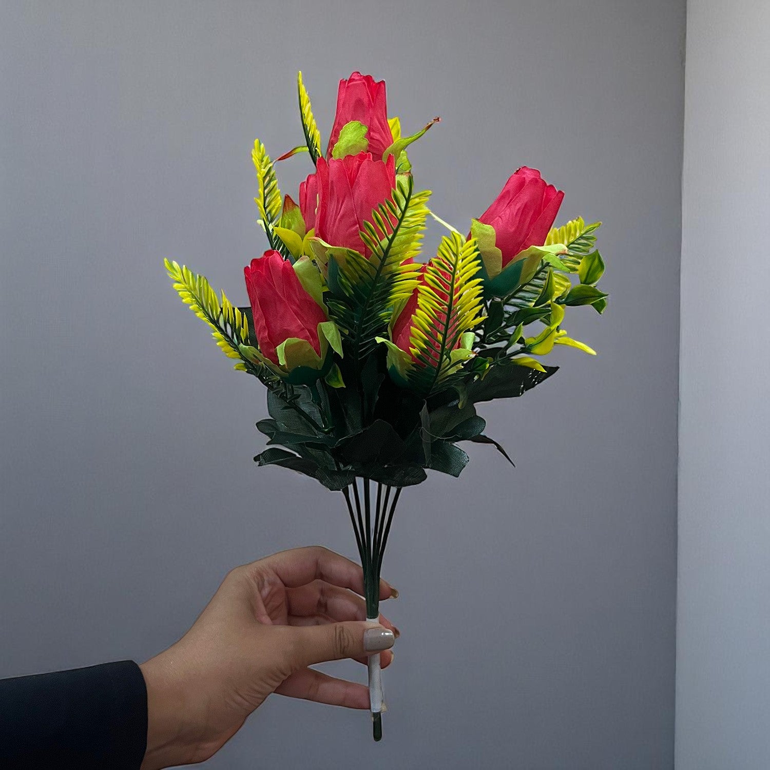 Artificial Flowers Rose Bouquet | Faux Flowers Bunch / Sticks - for Home Decor, Living Room, Office & Festivals Decoration (Vase Not Included) - 15 Inch - Apkamart #Colour_Red