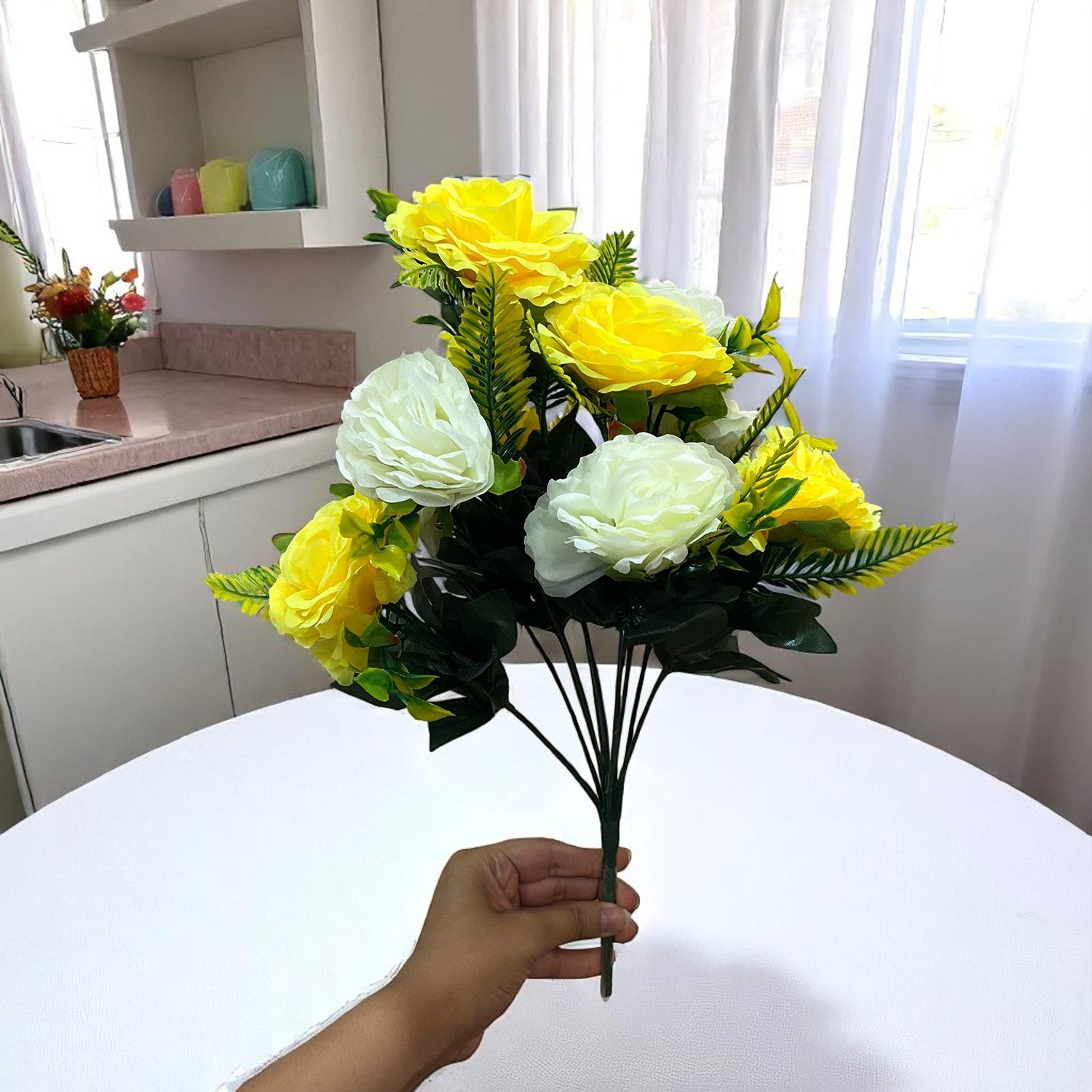 Artificial Flowers Rose Bunches for Vase Pot | Faux Flowers Stem - for Home Decor Living Office Corner Room Side Table Centerpiece - 18 Inch - Apkamart #Style_Design 1