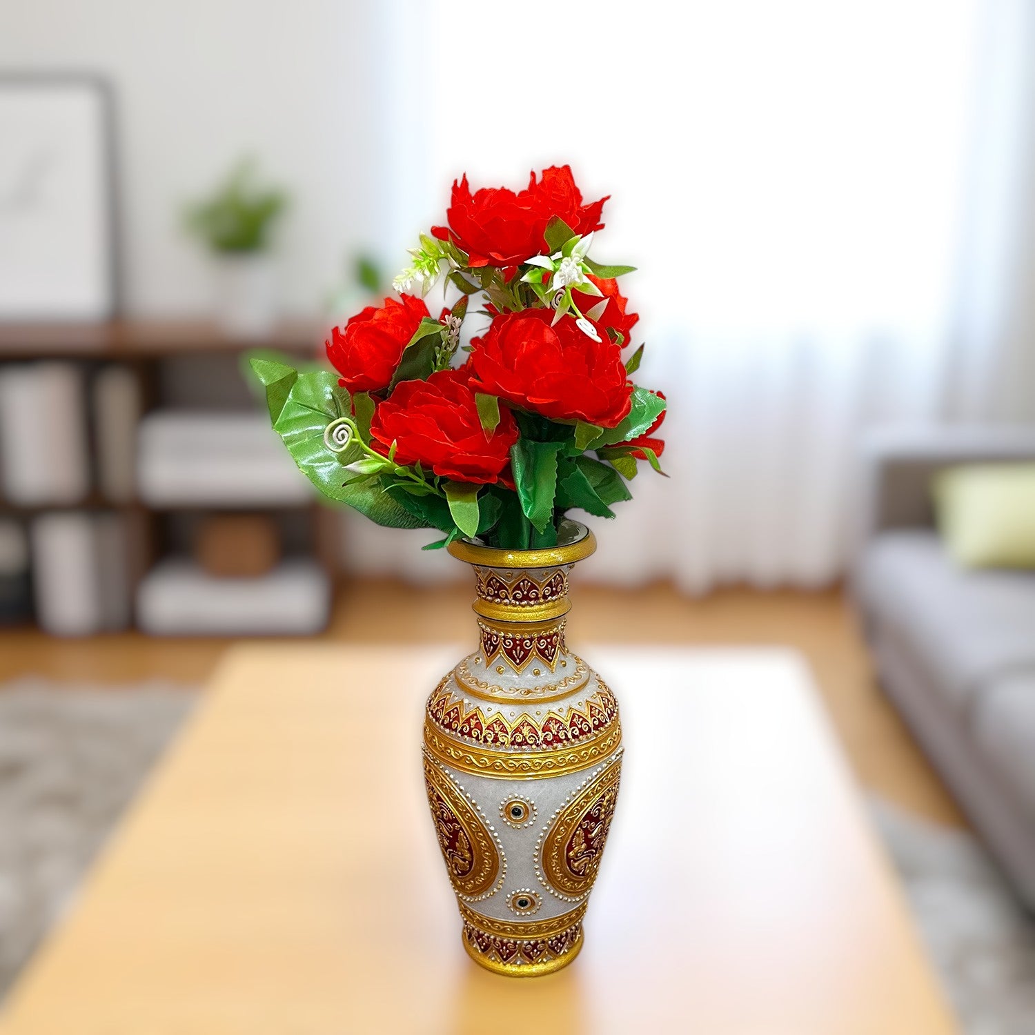 Artificial Flowers Rose Bunches for Vase Pot | Faux Flowers Stem - for Home Decor, Living Room, Office & Festivals Decoration (Vase Not Included) - 14 Inch - Apkamart #Colour_Red