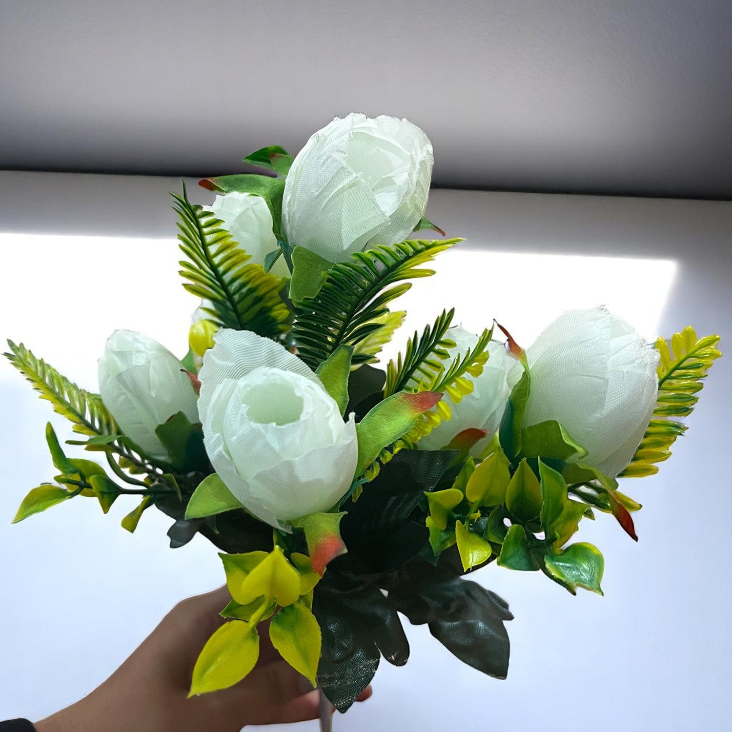 Artificial Flowers Rose Bunches For Pot | Faux Flower Sticks - for Home Decor, Living Room, Office & Festivals Decoration (Vase Not Included) - 14 Inch - Apkamart #Colour_White