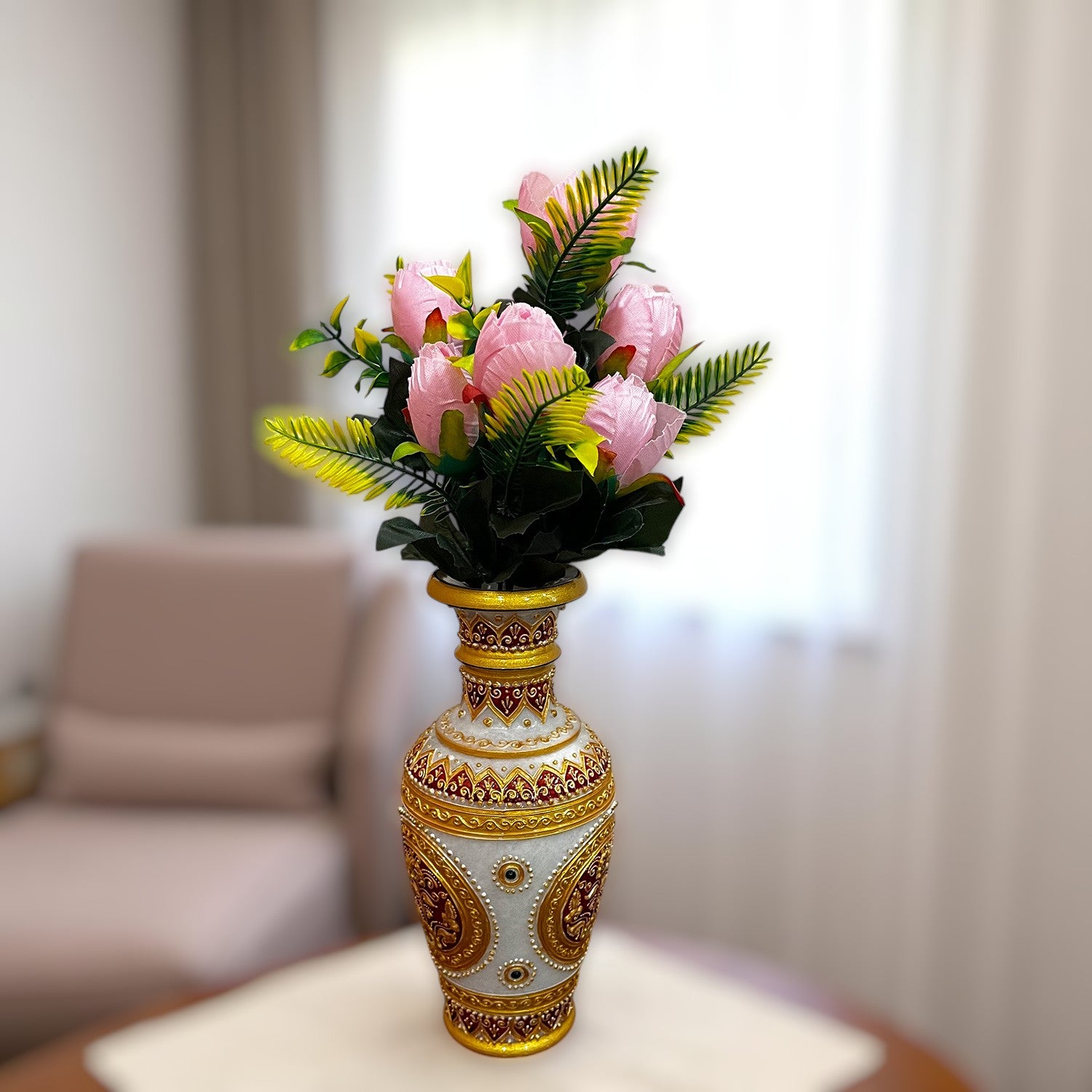 Artificial Flowers Rose Bunches For Pot | Faux Flower Sticks - for Home Decor, Living Room, Office & Festivals Decoration (Vase Not Included) - 14 Inch - Apkamart #Colour_Pink