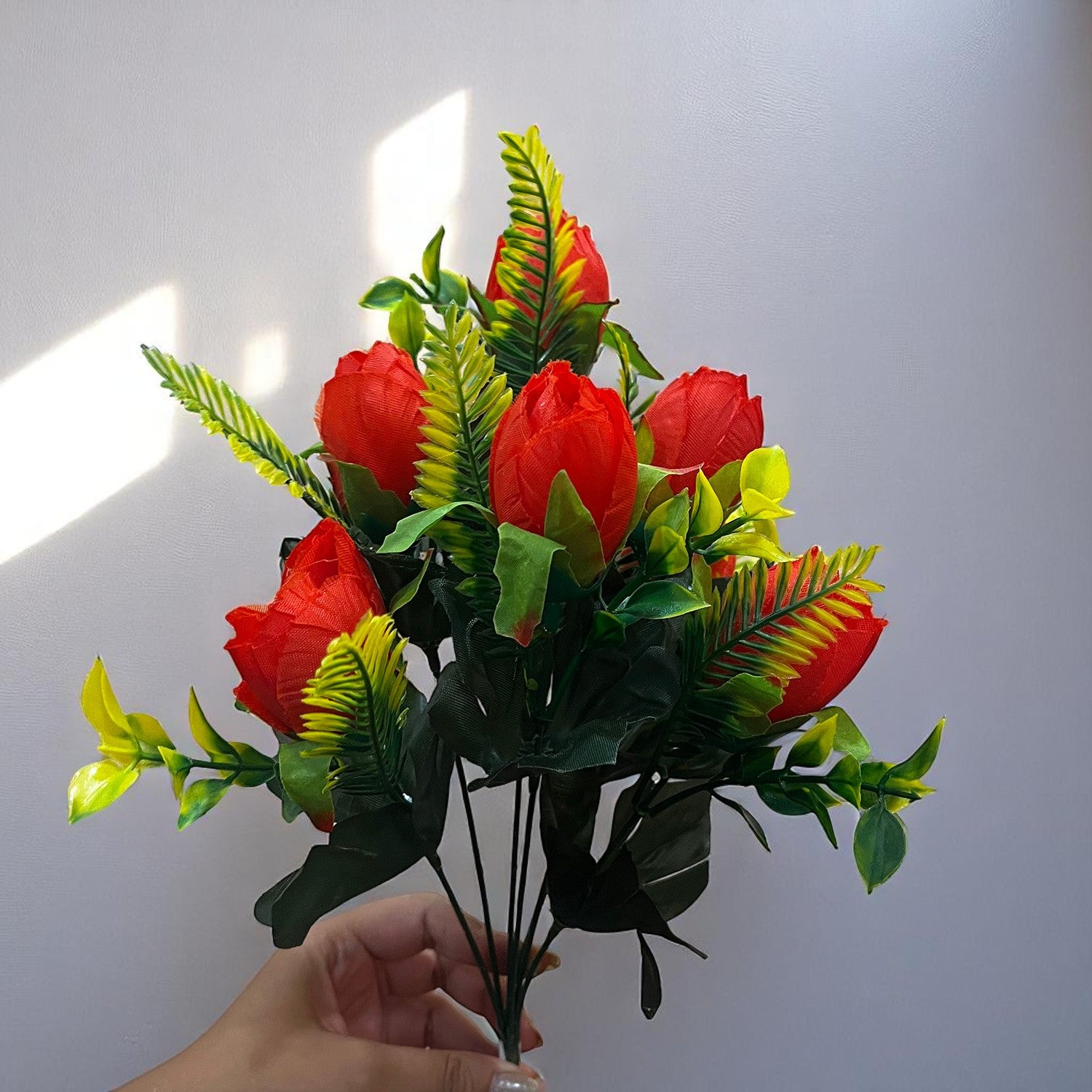 Artificial Flowers Rose Bunches For Pot | Faux Flower Sticks - for Home Decor, Living Room, Office & Festivals Decoration (Vase Not Included) - 14 Inch - Apkamart #Colour_Red