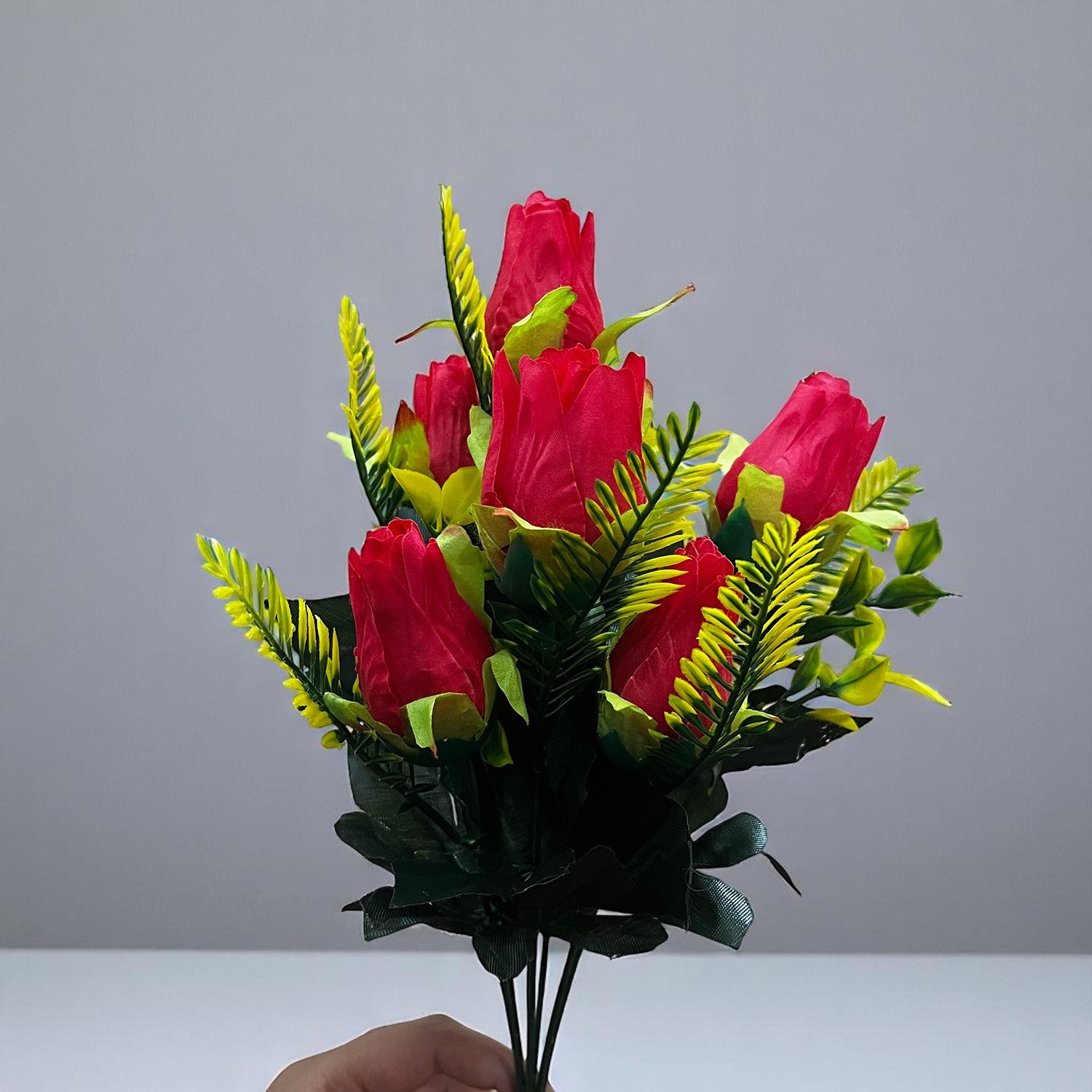 Artificial Flowers Rose Bouquet | Faux Flowers Bunch / Sticks - for Home Decor, Living Room, Office & Festivals Decoration (Vase Not Included) - 15 Inch - Apkamart #Colour_Red