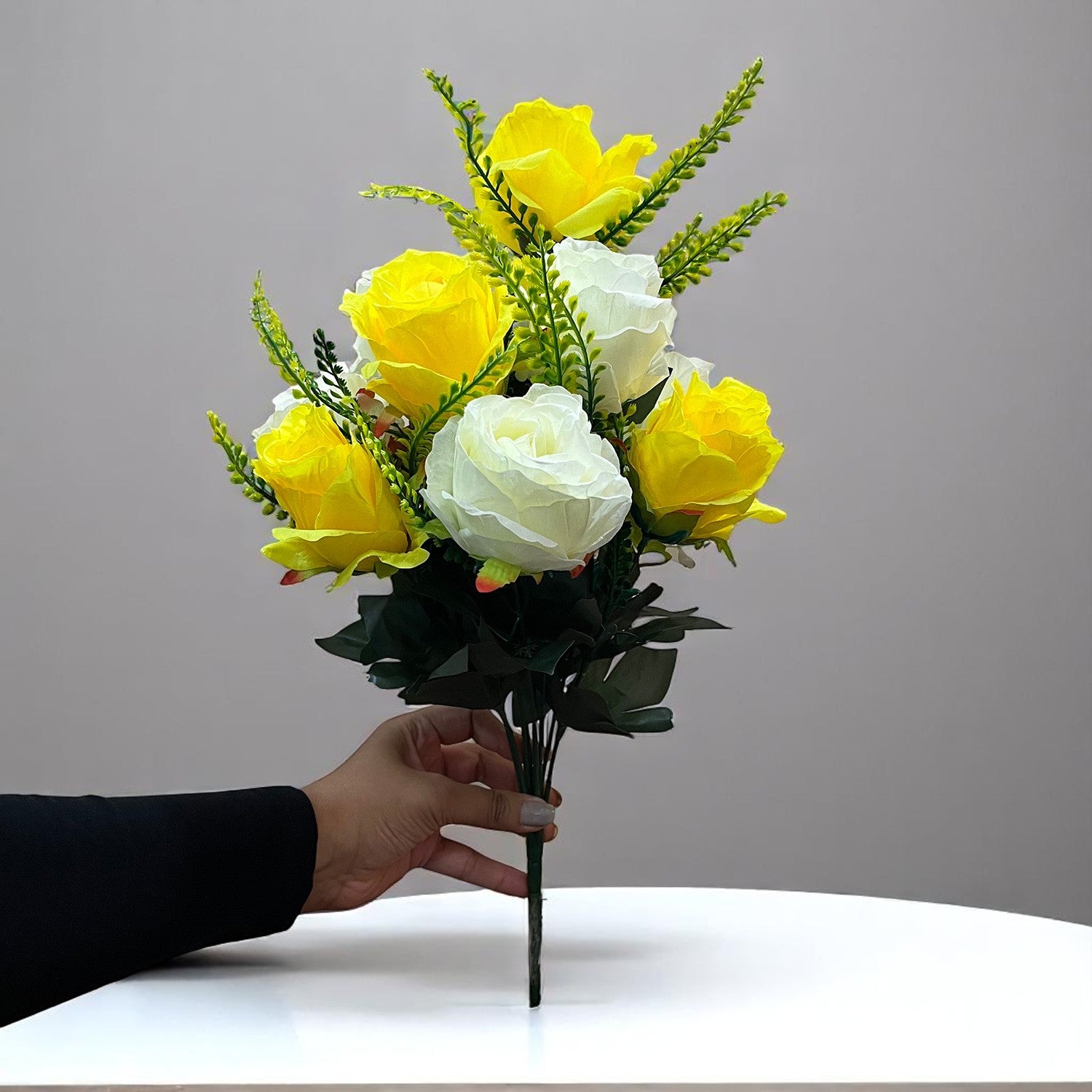 Artificial Flower Plant - Cherry Blossom | Decorative Flowers Bunch & Stems - for Table Vase, Pot, Home Decor, Living Room, Side Table Centerpiece & Festival Decoration - Apkamart #Color_Yellow & White