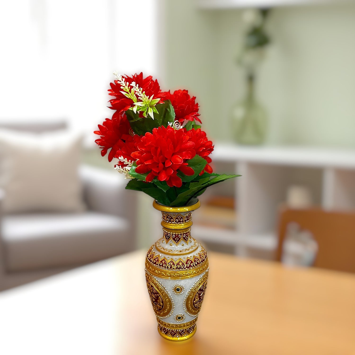 Artificial Flowers Dahlia Bunches for Vase Pot | Faux Flowers Stick - for Home Decor, Living Room, Wedding & Party Decoration (Vase Not Included) - 14 Inch - Apkamart #Colour_Red