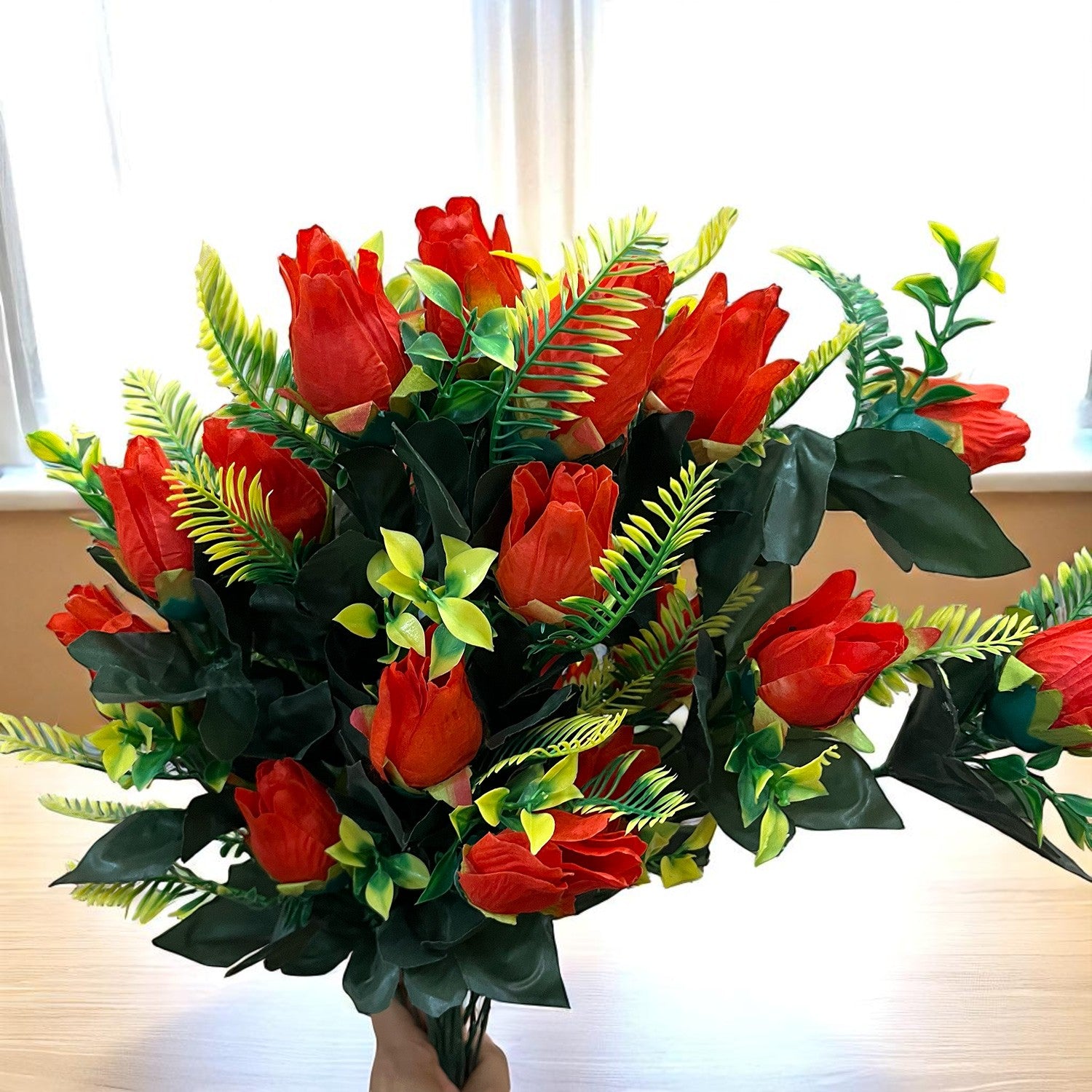 Artificial Flower Rose Bouquets | Fake Flowers Bunch - For Vase, Pot, Home, Bedroom, Balcony, Office Corner, Living Room - 26 Inch - Apkamart #Colour_Red