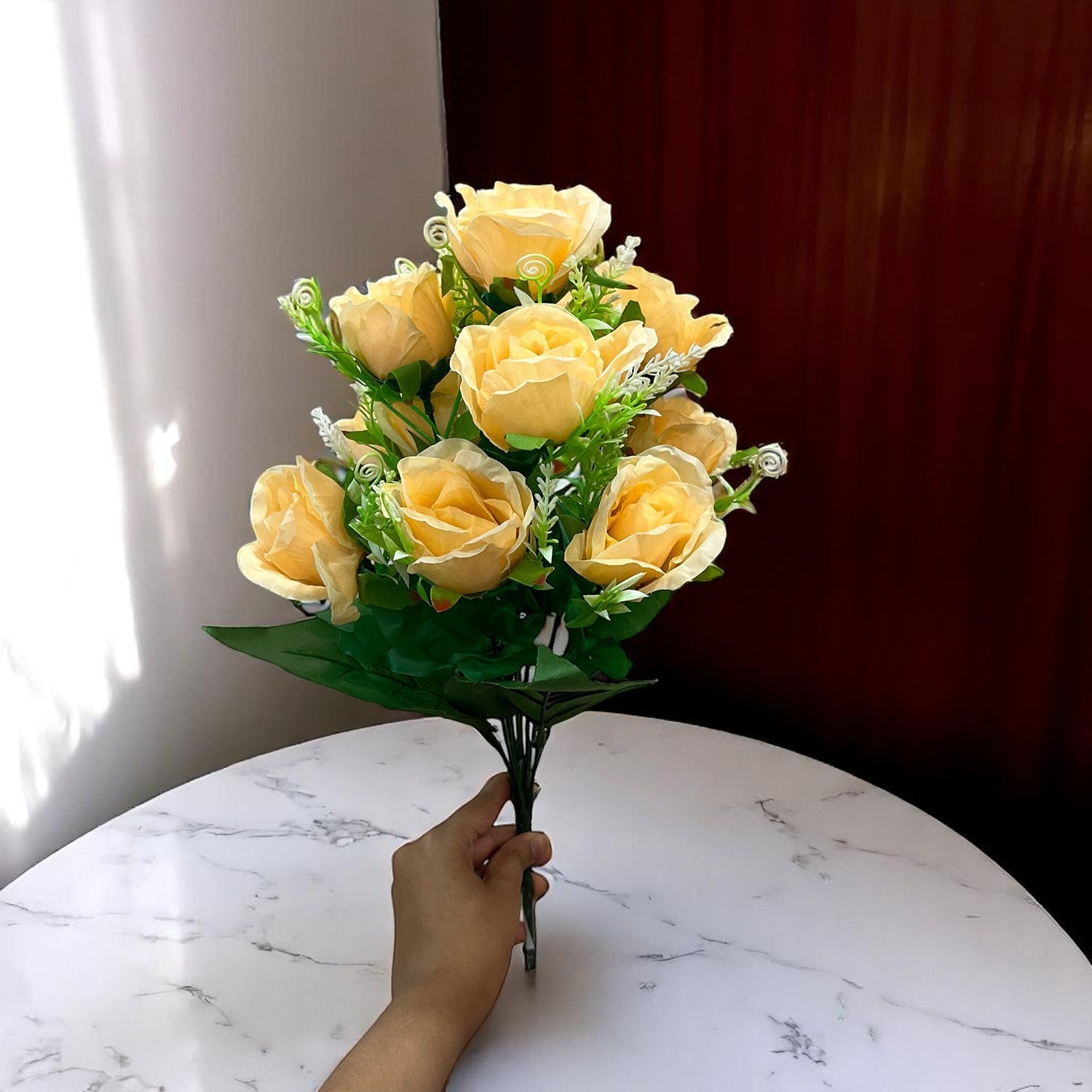 Artificial Rose Flower Bouquets | Faux Flowers Bunch - for Table Vase, Pot, Home Decor, Living Room, Side Table Centerpiece - 17 Inch - Apkamart #Style_Design 1