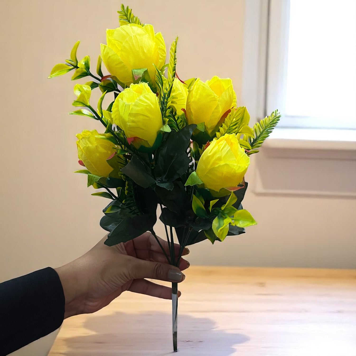 Artificial Flowers Rose Bunches For Pot | Faux Flower Sticks - for Home Decor, Living Room, Office & Festivals Decoration (Vase Not Included) - 14 Inch - Apkamart #Colour_Yellow