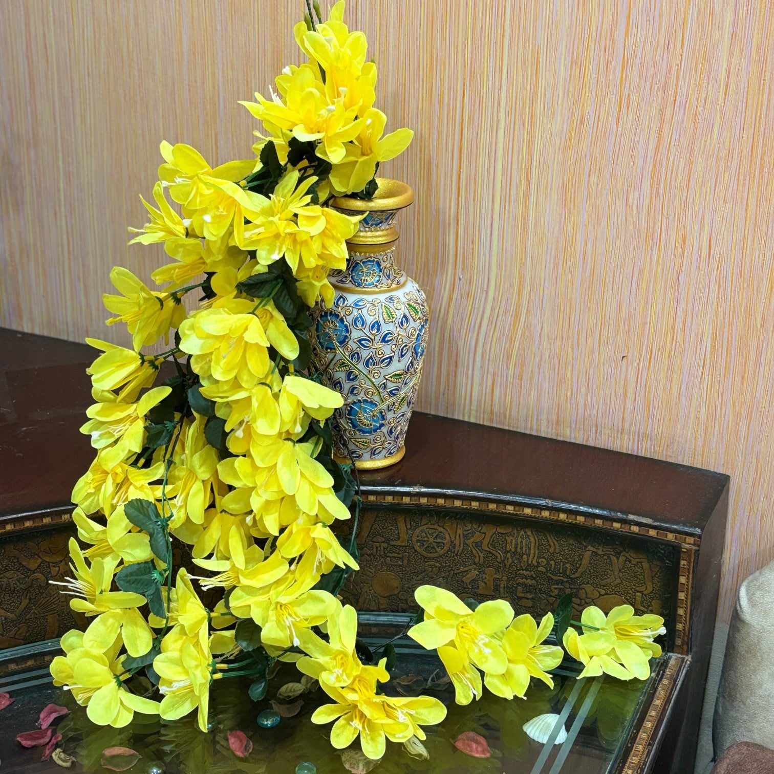 Artificial Hanging Flower for Home Decor | Realistic Hanging Flower | Decorative Wall Hanging Floral Bunch for Diwali Decor ,Balcony , Garden & Living Room Decor - 34 Inch - Apkamart #Color_Yellow