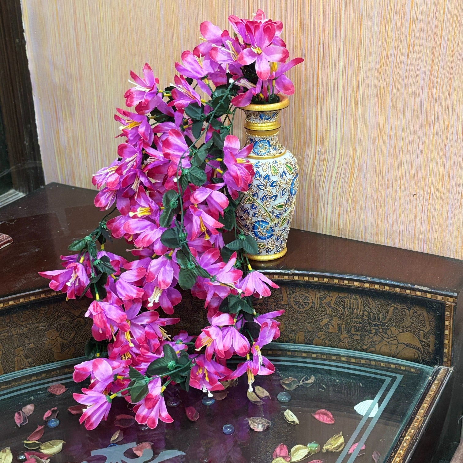 Artificial Hanging Flower for Home Decor | Realistic Hanging Flower | Decorative Wall Hanging Floral Bunch for Festive Decor, Home Decor, Balcony, Living Room - 34 Inch - Apkamart #Color_Pink