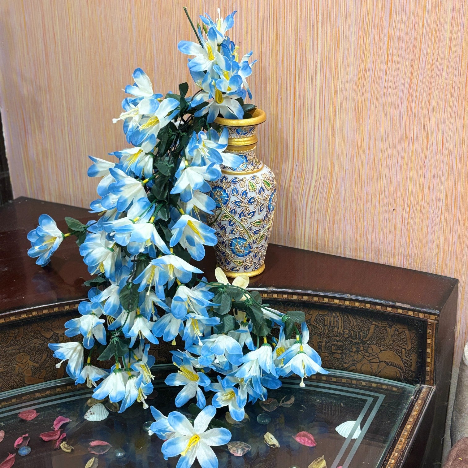 Artificial Hanging Flower for Home Decor | Realistic Hanging Flower | Decorative Wall Hanging Floral Bunch for Diwali Decor ,Balcony , Garden & Living Room Decor - 34 Inch - Apkamart #Color_Blue