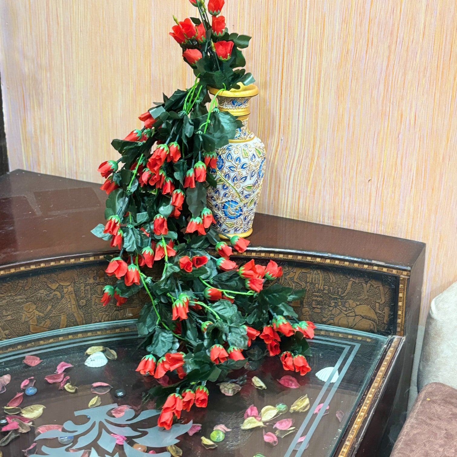 Artificial Hanging Flower for Home Decor | Realistic Hangings for Diwali Decor| Decorative Wall Hanging for Balcony, Garden, Living Room & Office - 31 Inch - Apkamart #Color_Red