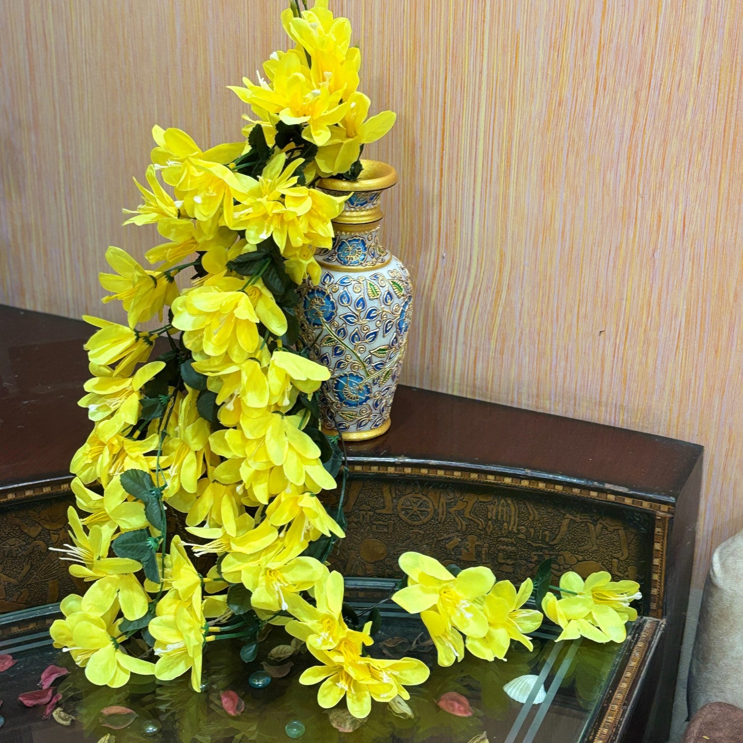 Artificial Hanging Flower for Home Decor | Realistic Hanging Flower | Decorative Wall Hanging Floral Bunch for Diwali Decor ,Balcony , Garden & Living Room Decor - 34 Inch - Apkamart #Color_Yellow