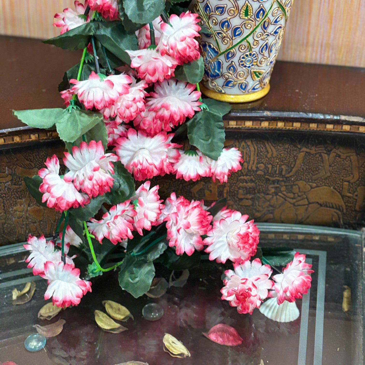 Artificial Hanging Flower Bunch | Faux Vine Flower Arrangement for Balcony, Living Room, Flower Pots & Stands | Artificial Leaf & Flower Bunch for Home Decor - 30 Inch - Apkamart #Color_Pink