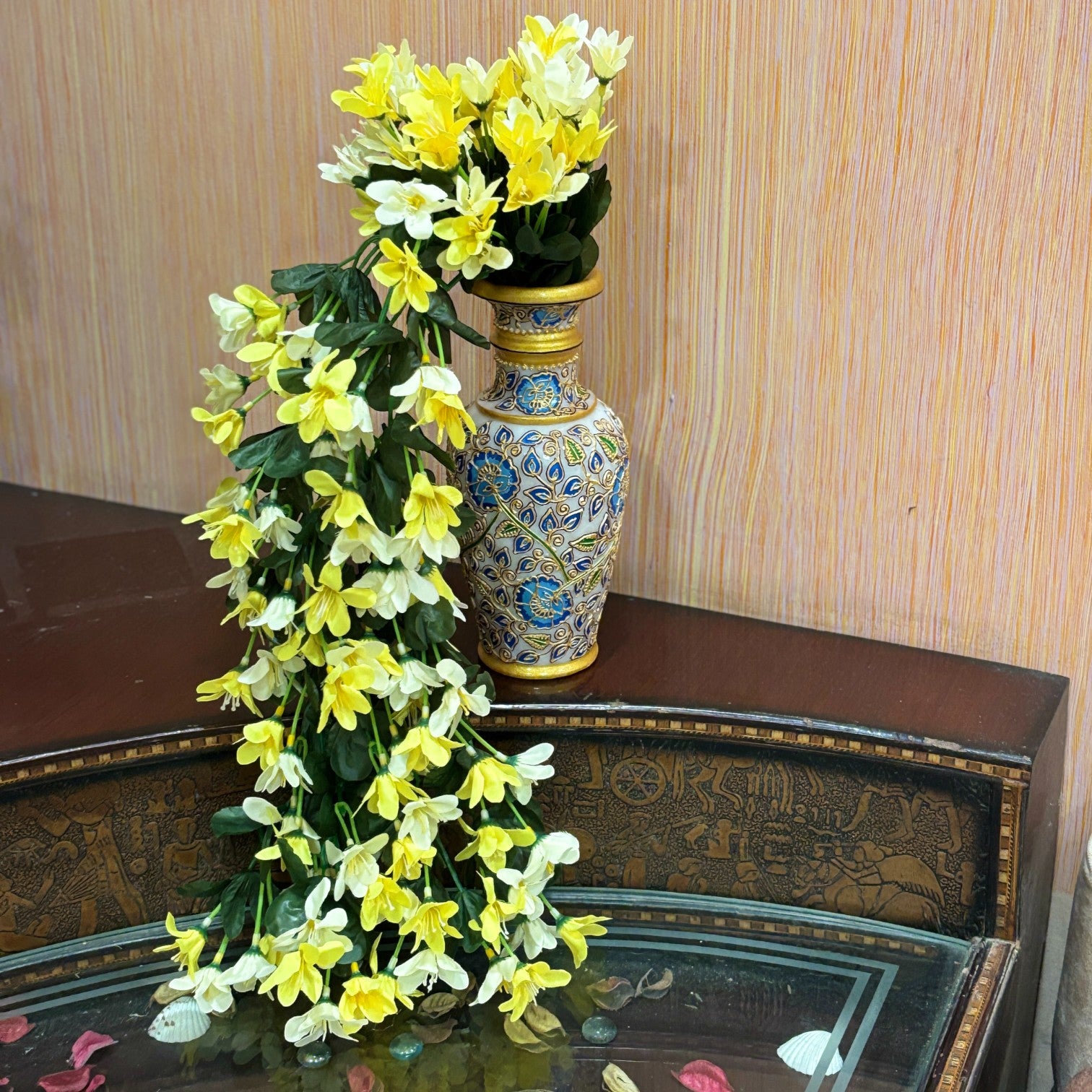 Artificial Hanging Flowers for Decoration | Flower Bunch for Wall, Door, Balcony | Decorative Hanging for Home Décor, Diwali Decoration & Gifting - 27 Inch - Apkamart #Color_Yellow