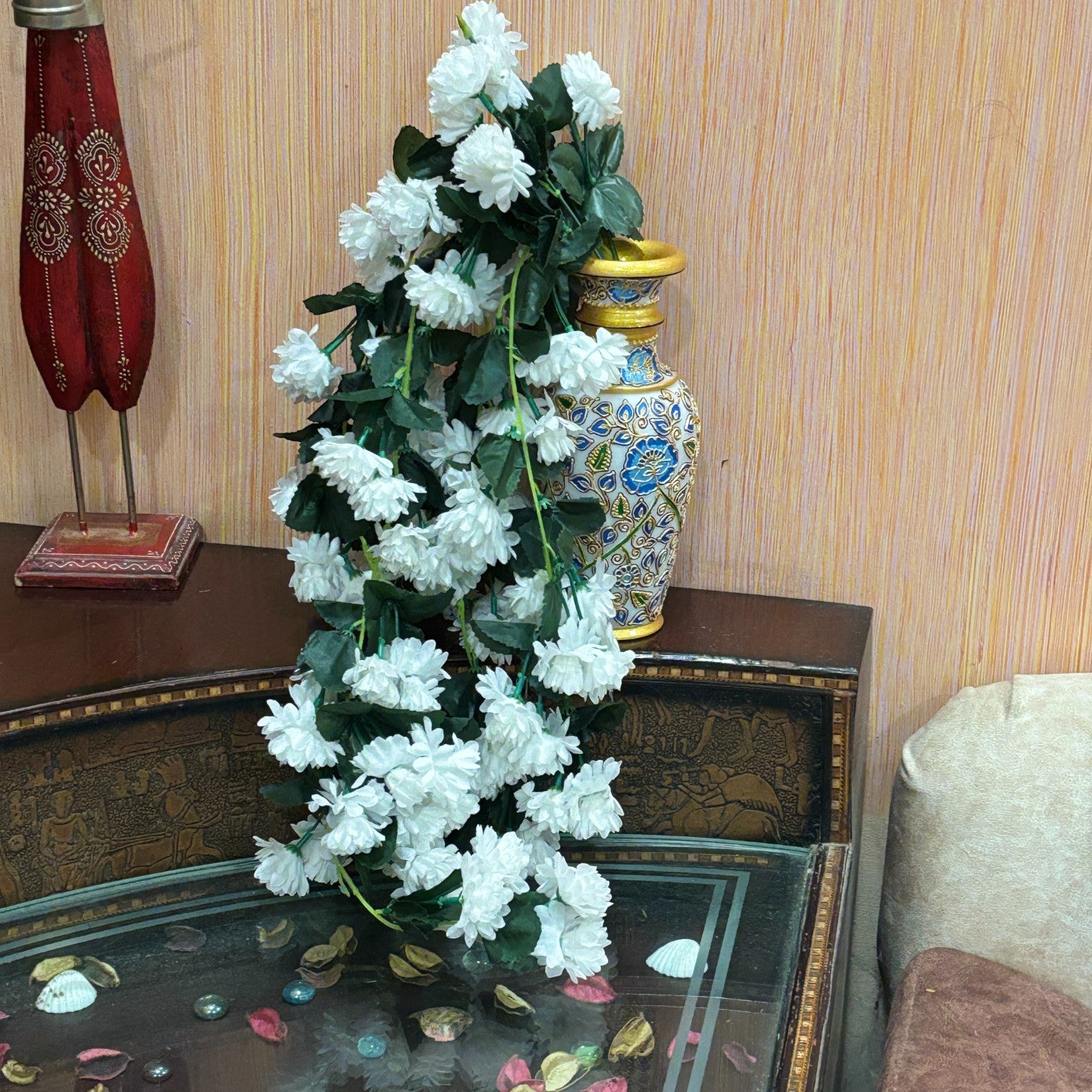 Hanging Bunch of Flowers | Faux Flower Vine with Leaves | Decorative Artificial Flower for Balcony, Living Room, Home Decor & Festive Diwali Decoration - 30 Inch - Apkamart #Color_White